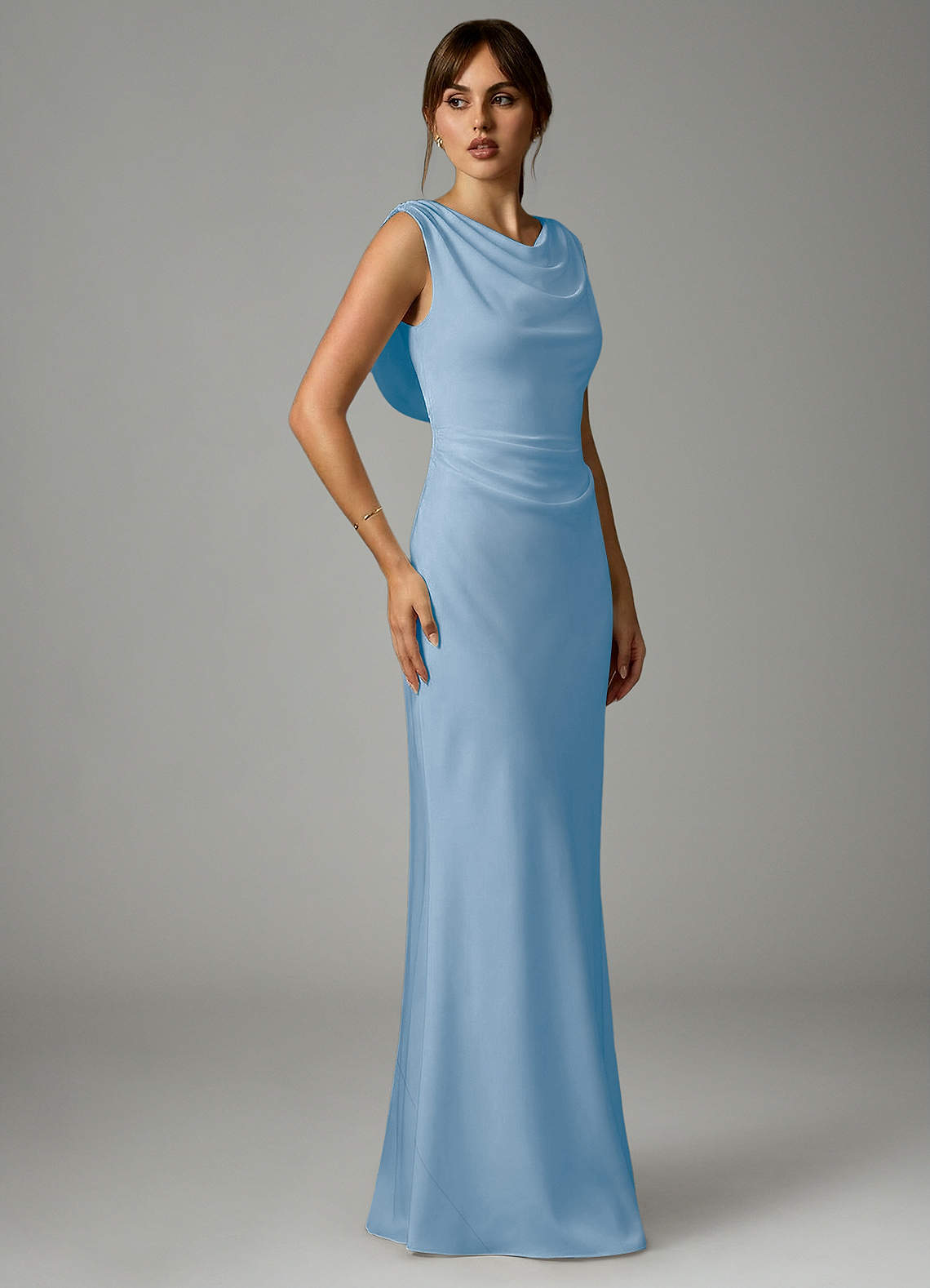 Azazie Kieryn Robes de demoiselle d'honneur Robe Sirène en Satin extensible Plissée Poudre Bleue image3
