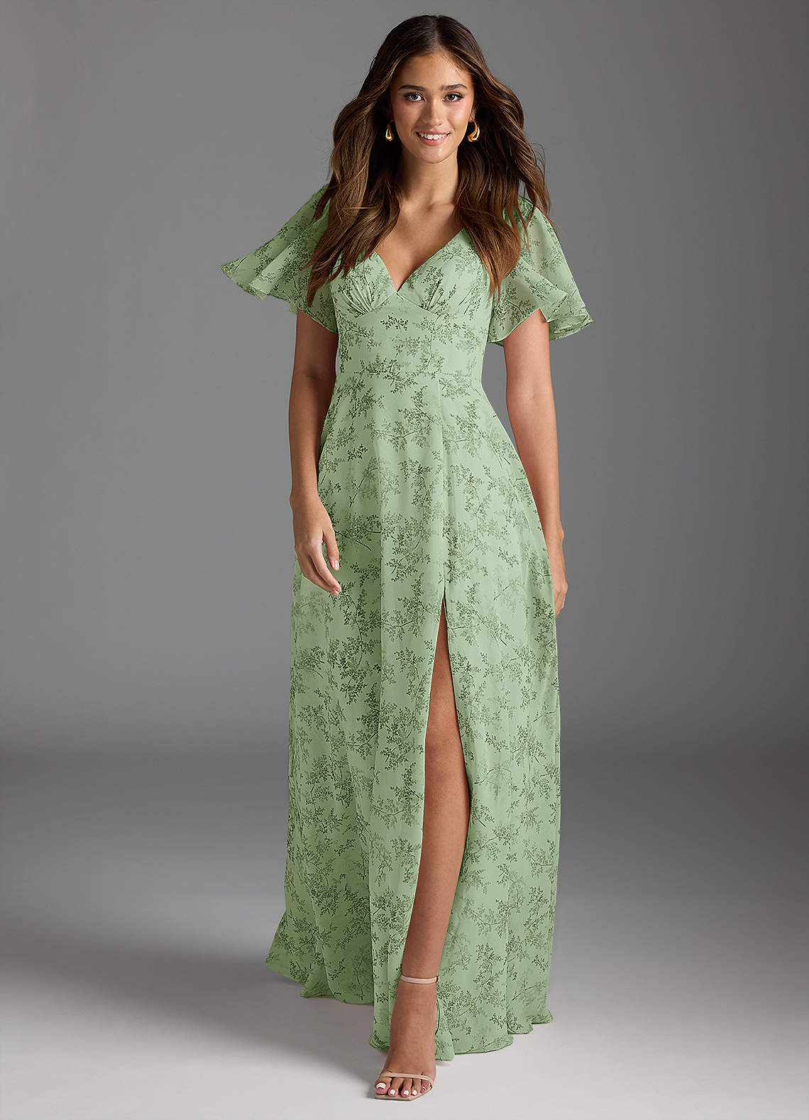 Azazie A-Line V-Neck Floor-Length Chiffon Bridesmaid Dresses - Green Fern Floral