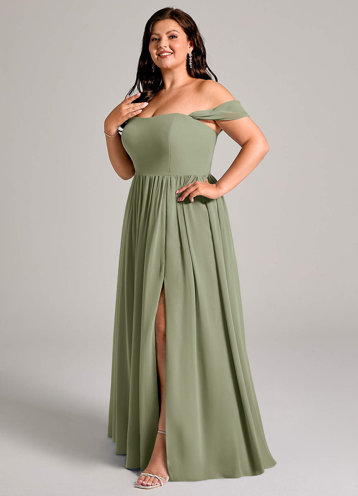 Azazie Calianna Bridesmaid Dresses Pistachio A-Line Off the Shoulder Chiffon Convertible Dress image1