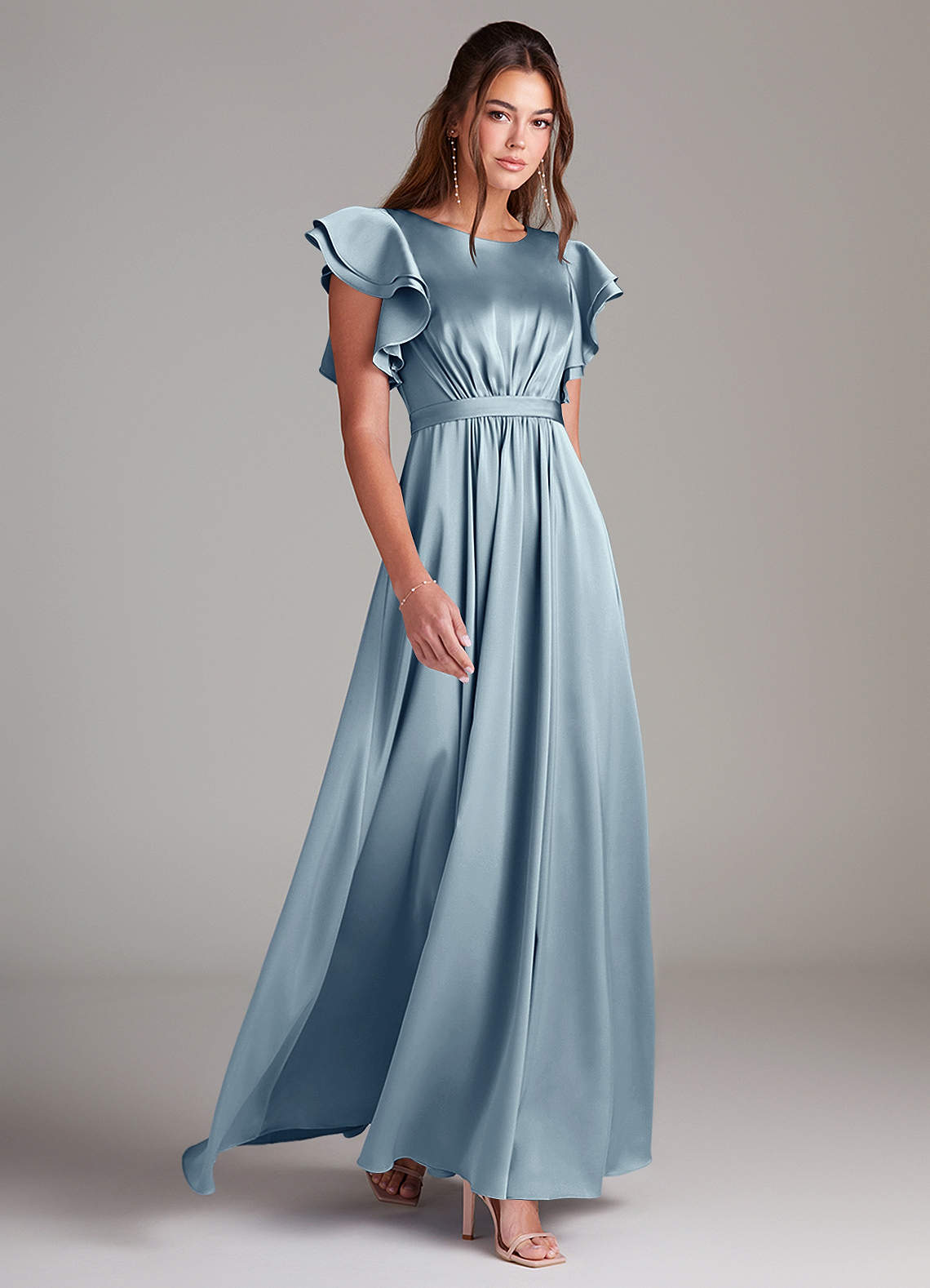Azazie Daphne Modest Bridesmaid Dresses A-Line Ruched Stretch Satin Floor-Length Dress image2