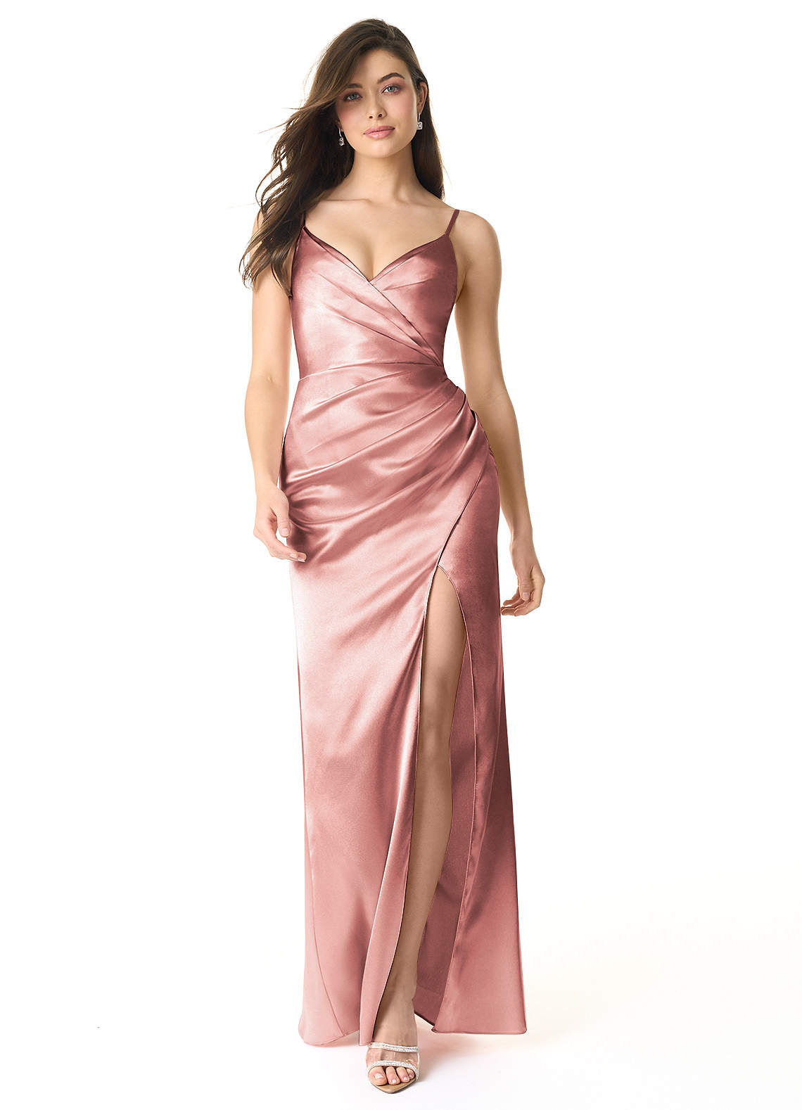 Azazie Sukia Bridesmaid Dresses Dusty Rose Mermaid Pleated Metallic Satin Dress image1