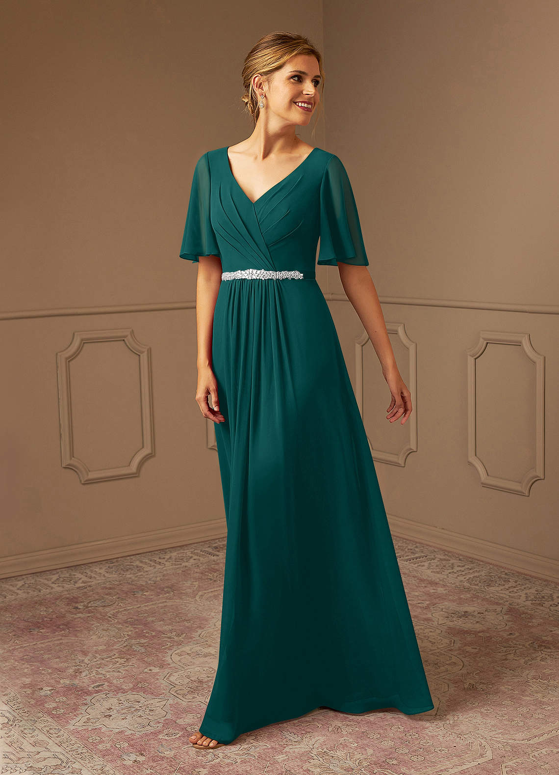 Azazie Tricia Mother of the Bride Dresses Peacock A-Line V-Neck Pleated Chiffon Dress image1
