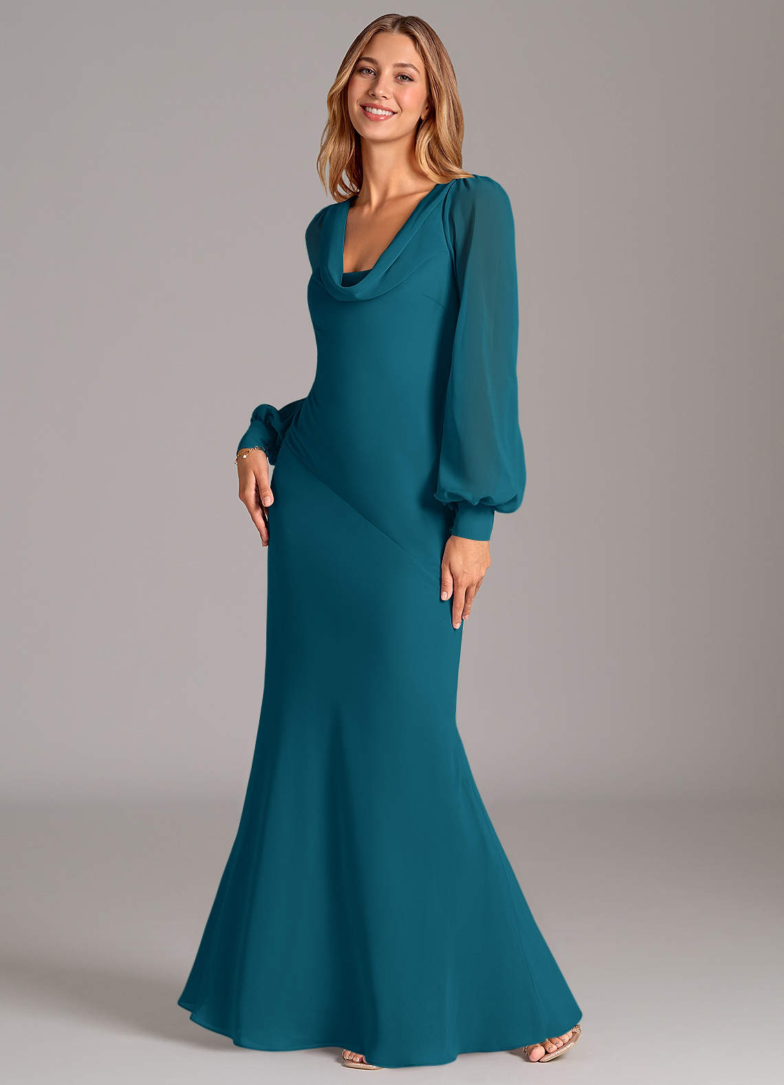 Azazie Jaxine Bridesmaid Dresses Ink Blue Mermaid Long Sleeve Chiffon Dress image1