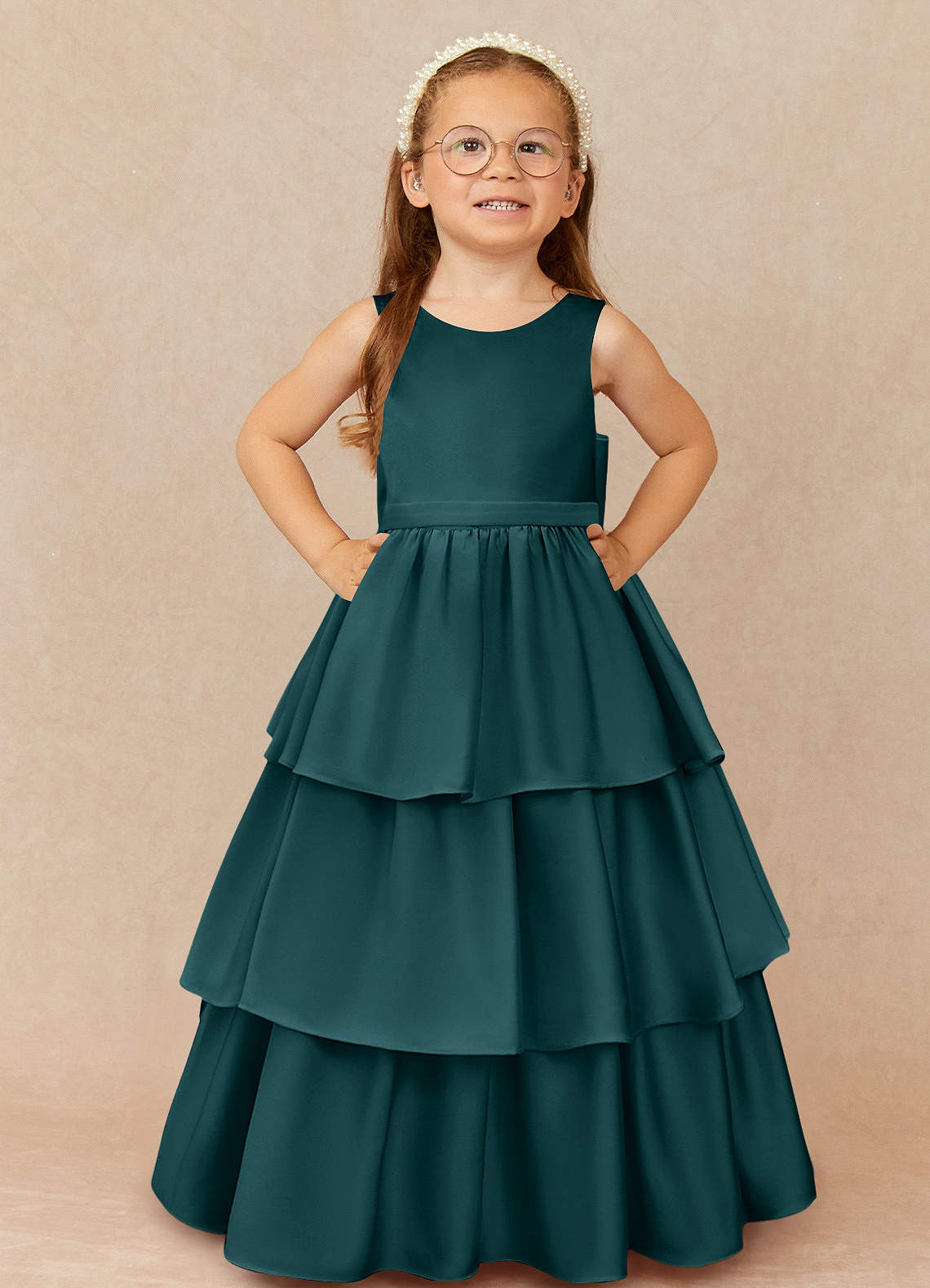 Azazie Margie Flower Girl Dresses Pine A-Line Bow Stretch Satin Dress image1