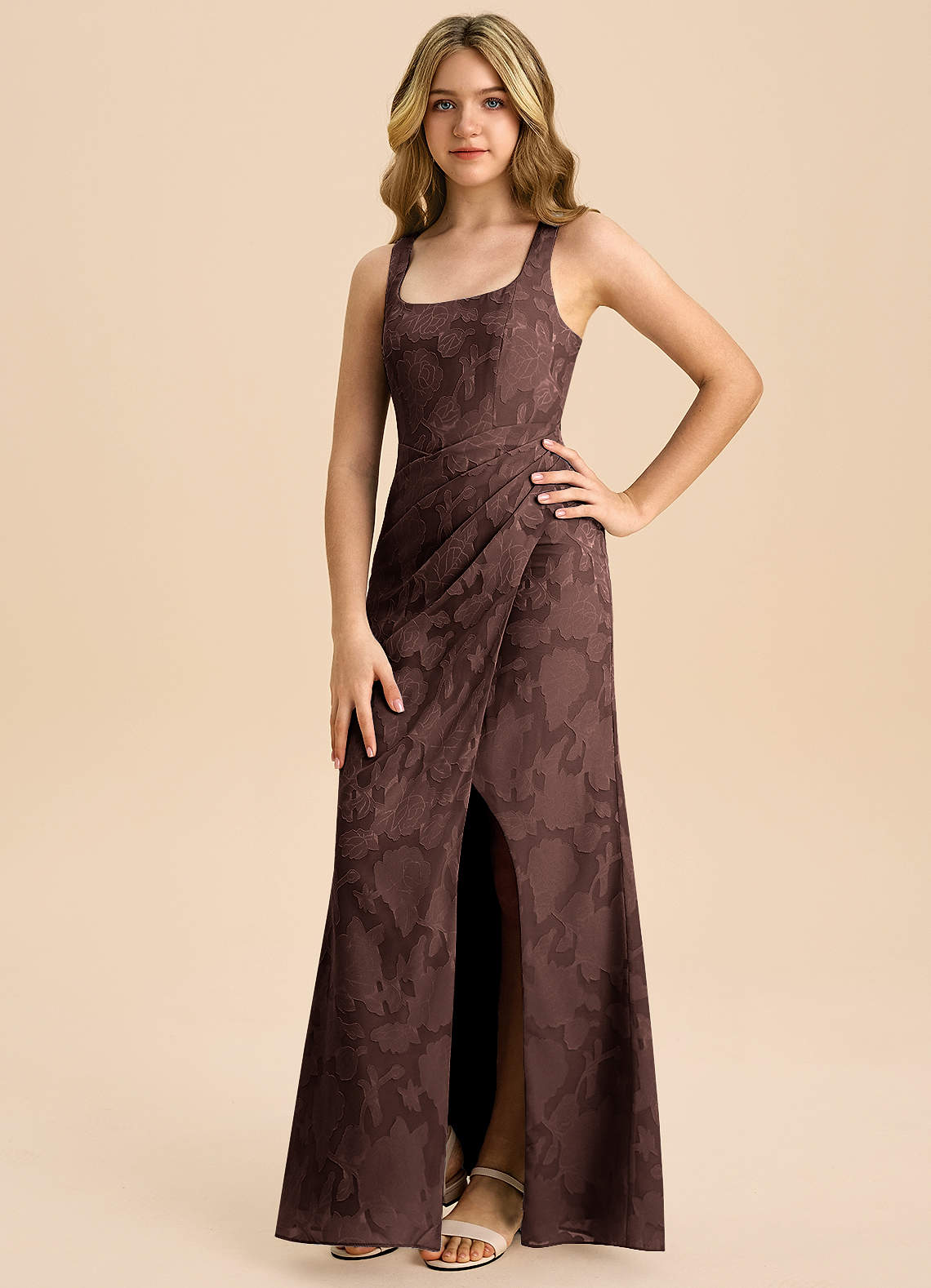 Azazie Mero Junior Ganache Sheath Pleated Floral Burnout Dress image4