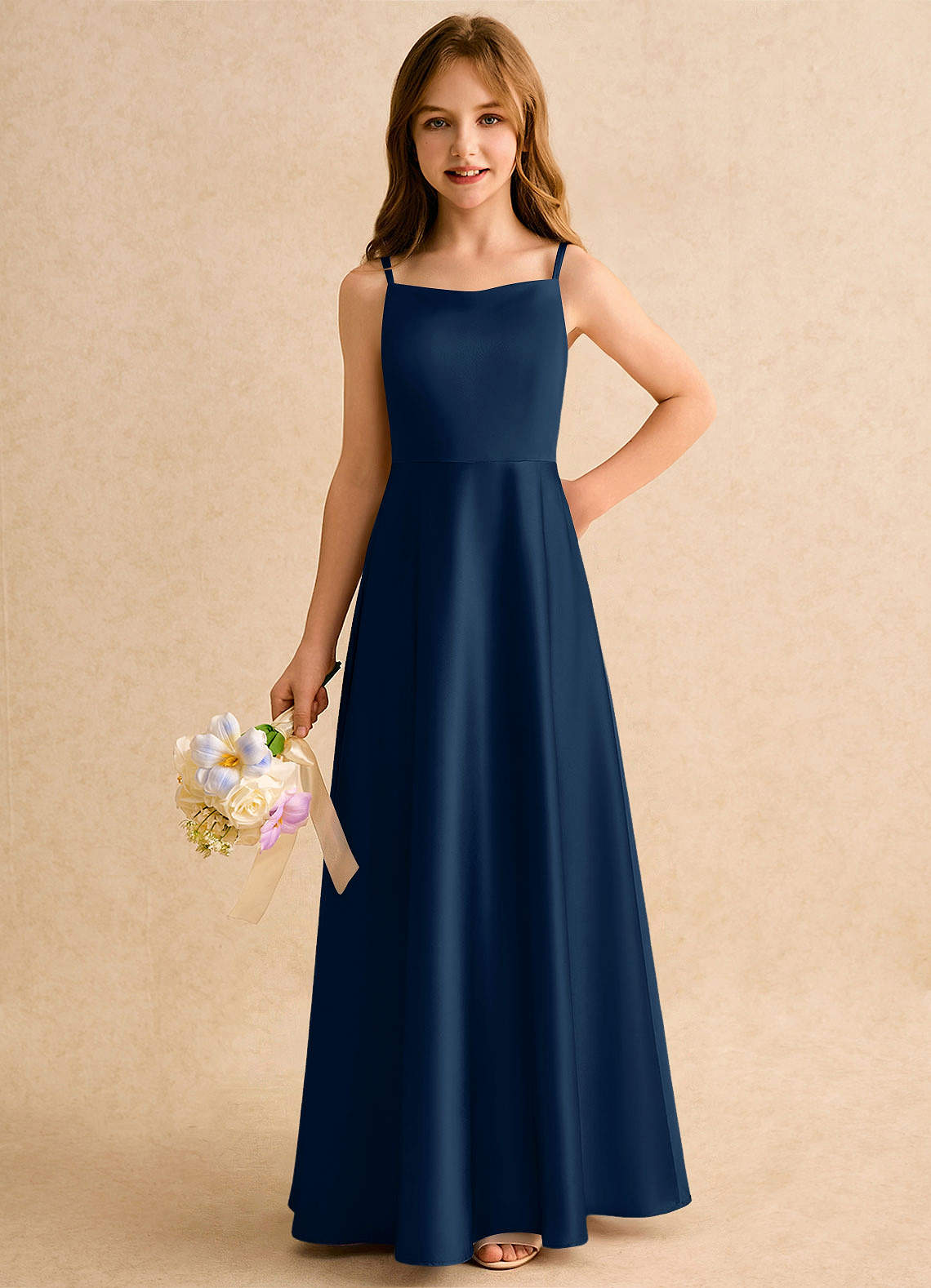 Azazie Joella Girls Formal Flower Girl Dresses Dark Navy A-Line Pleated Stretch Satin Dress image2