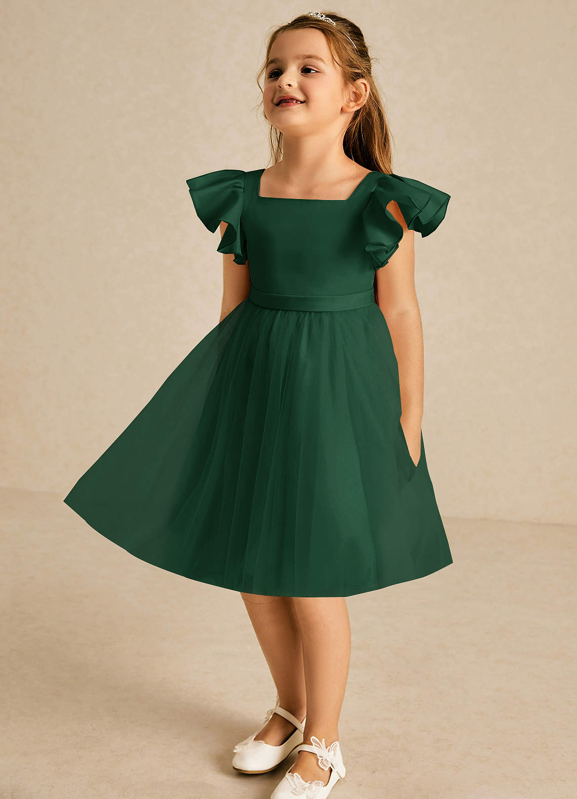Azazie Kaeya Flower Girl Dresses Dark Green A-Line Bow Tulle Dress image3
