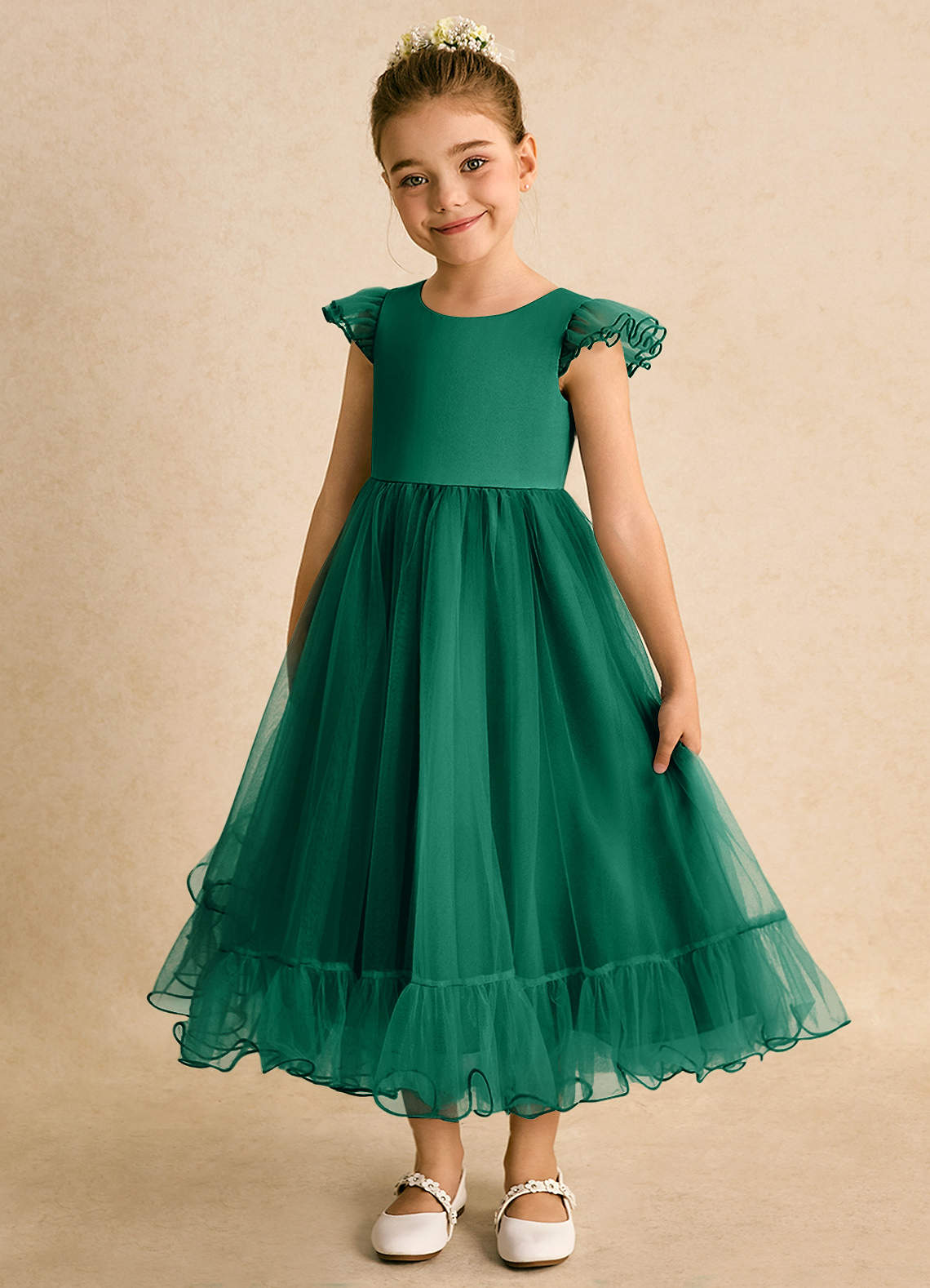 Azazie Phebs Flower Girl Dresses Emerald A-Line Tulle Dress image1