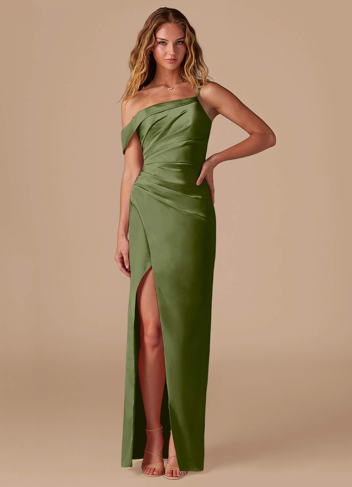 Azazie Lia Bridesmaid Dresses Olive Sheath Off the Shoulder Metallic Satin Dress image1