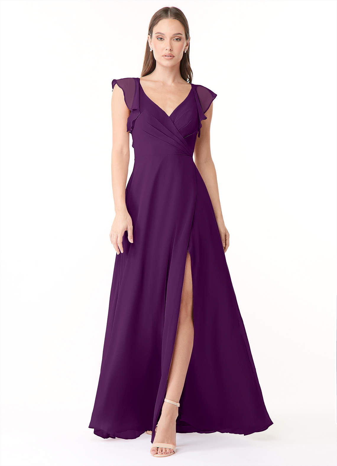 Azazie Yoko Bridesmaid Dresses Grape A-Line Ruched Chiffon Dress image1