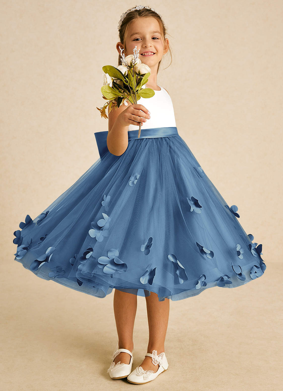 Azazie Sprout Flower Girl Dresses Steel Blue A-Line Bow Tulle Dress image1