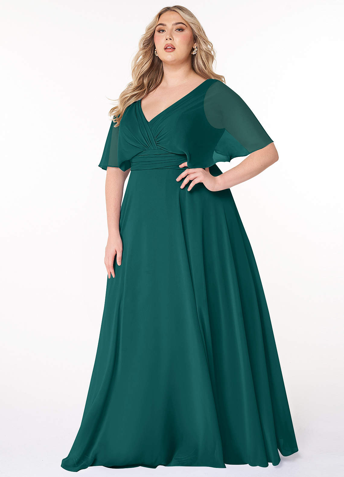 Azazie Pamela Robes de demoiselle d'honneur Robe Trapèze en Mousseline de soie Col V plissé Paon image1