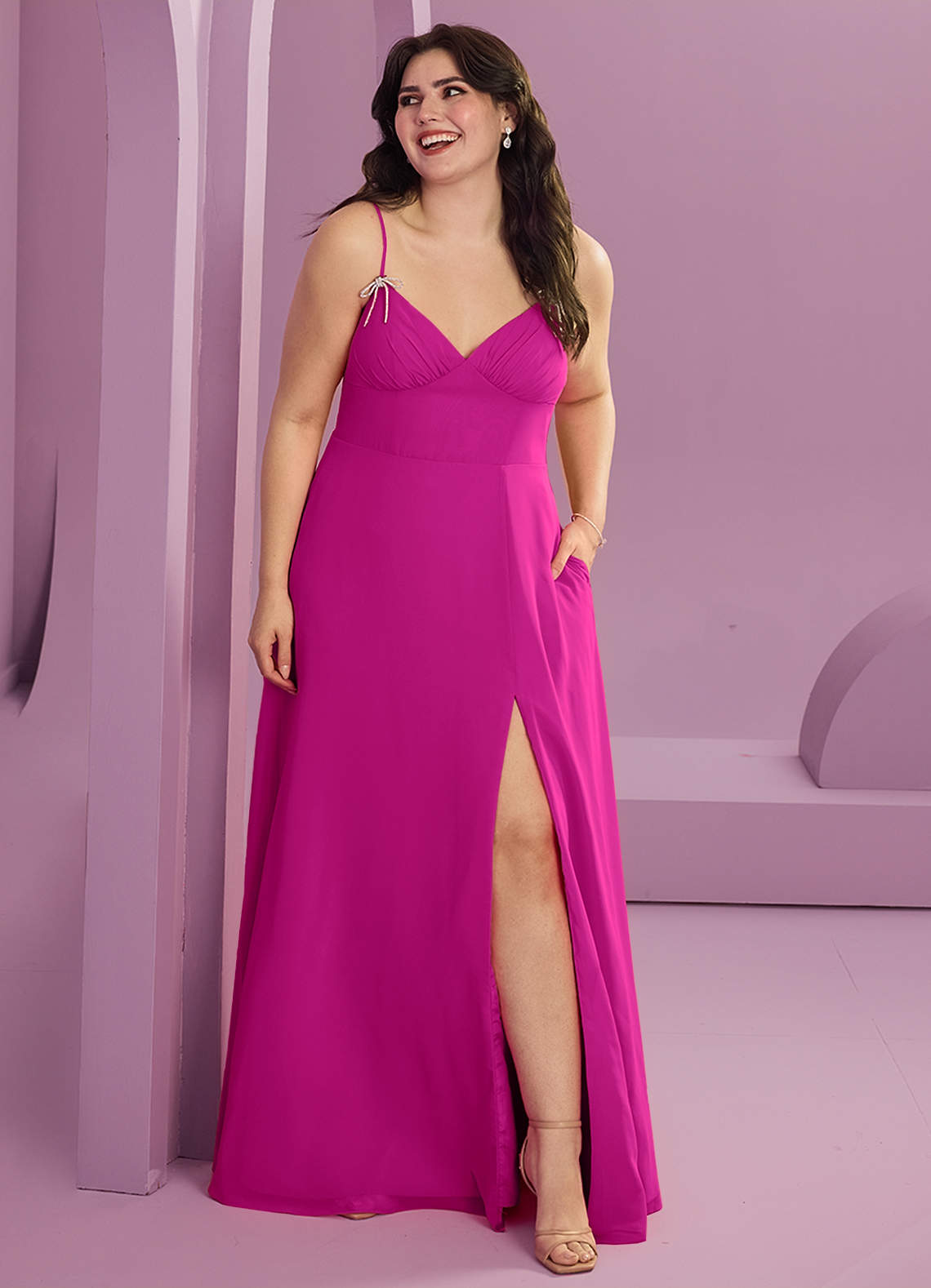 Barbie ♥ Azazie Bridesmaid Dresses Fuchsia A-Line with Pockets Chiffon Dress image1