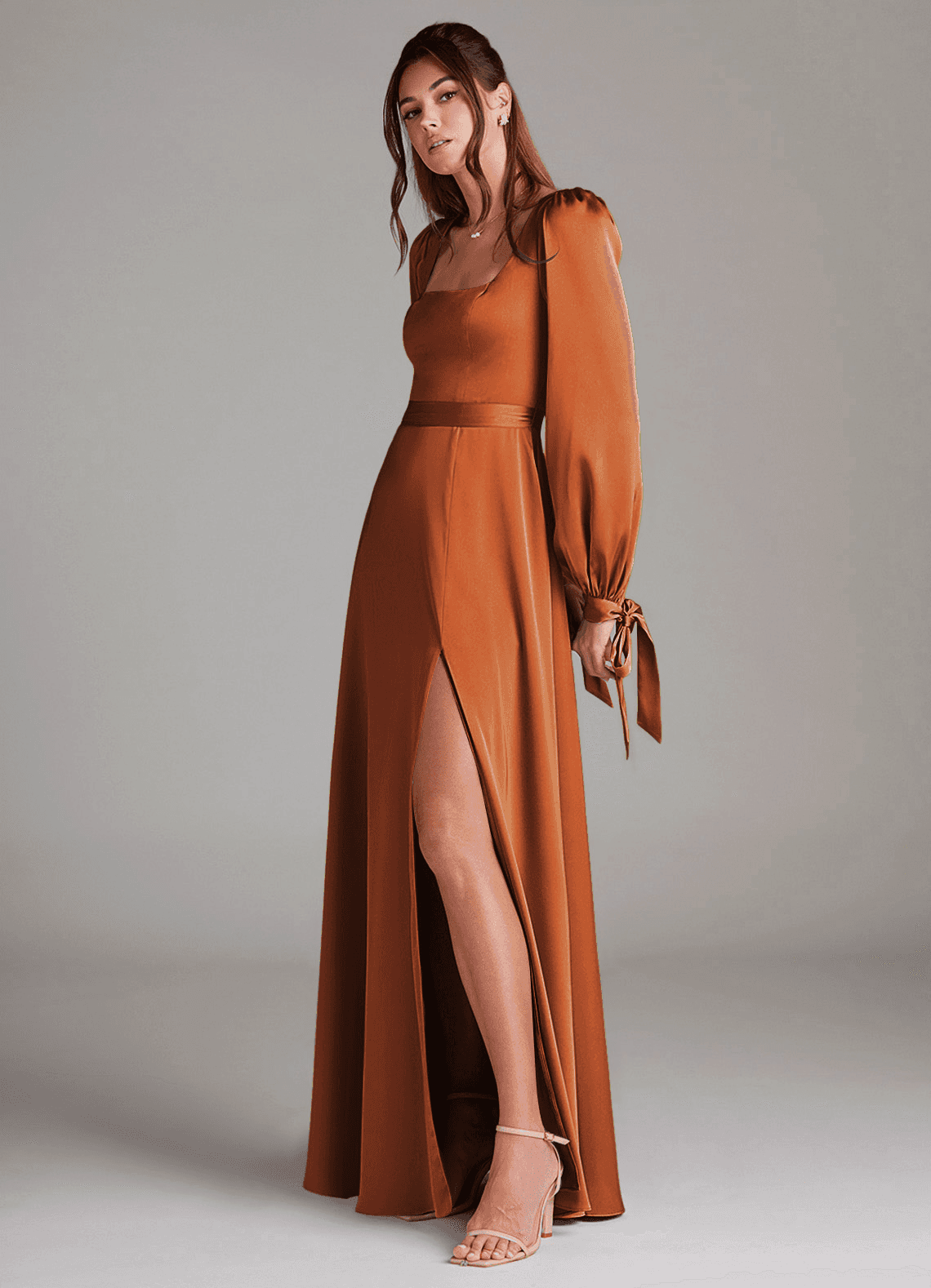 Azazie Leonia Bridesmaid Dresses Cinnamon A-Line Long Sleeve Stretch Satin Dress image3