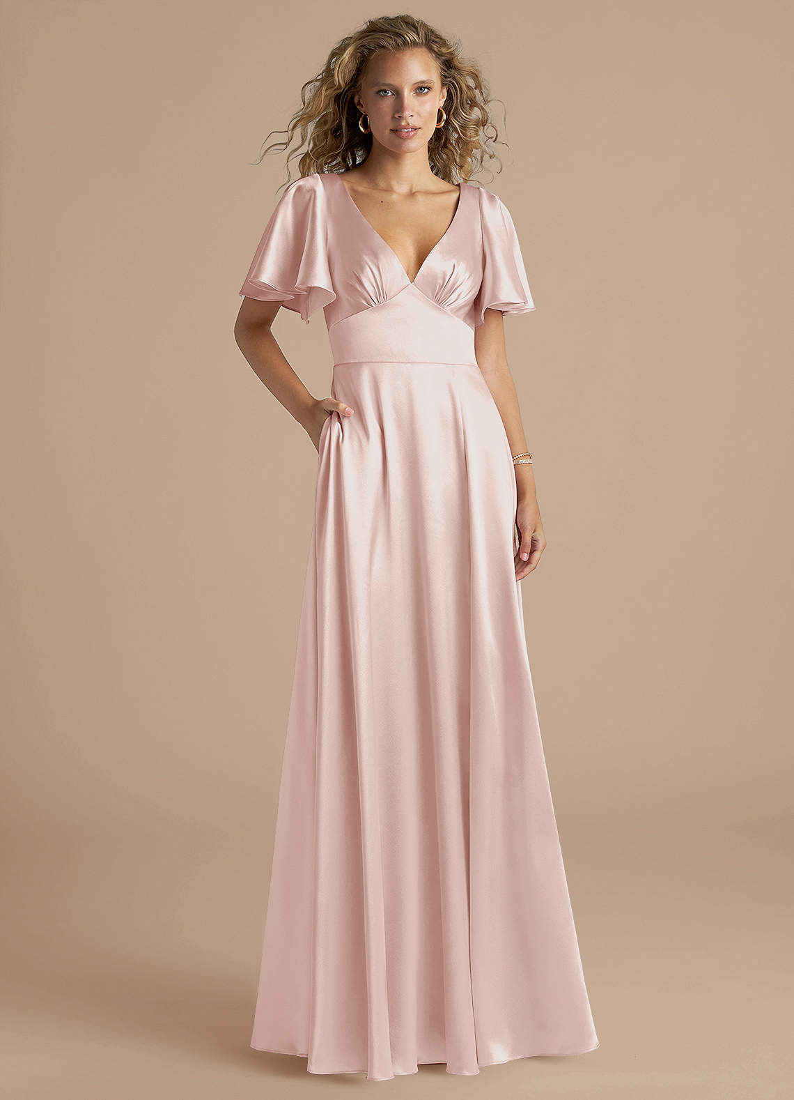 Azazie Kimber Bridesmaid Dresses Blushing Pink A-Line Ruched Metallic Satin Dress image1