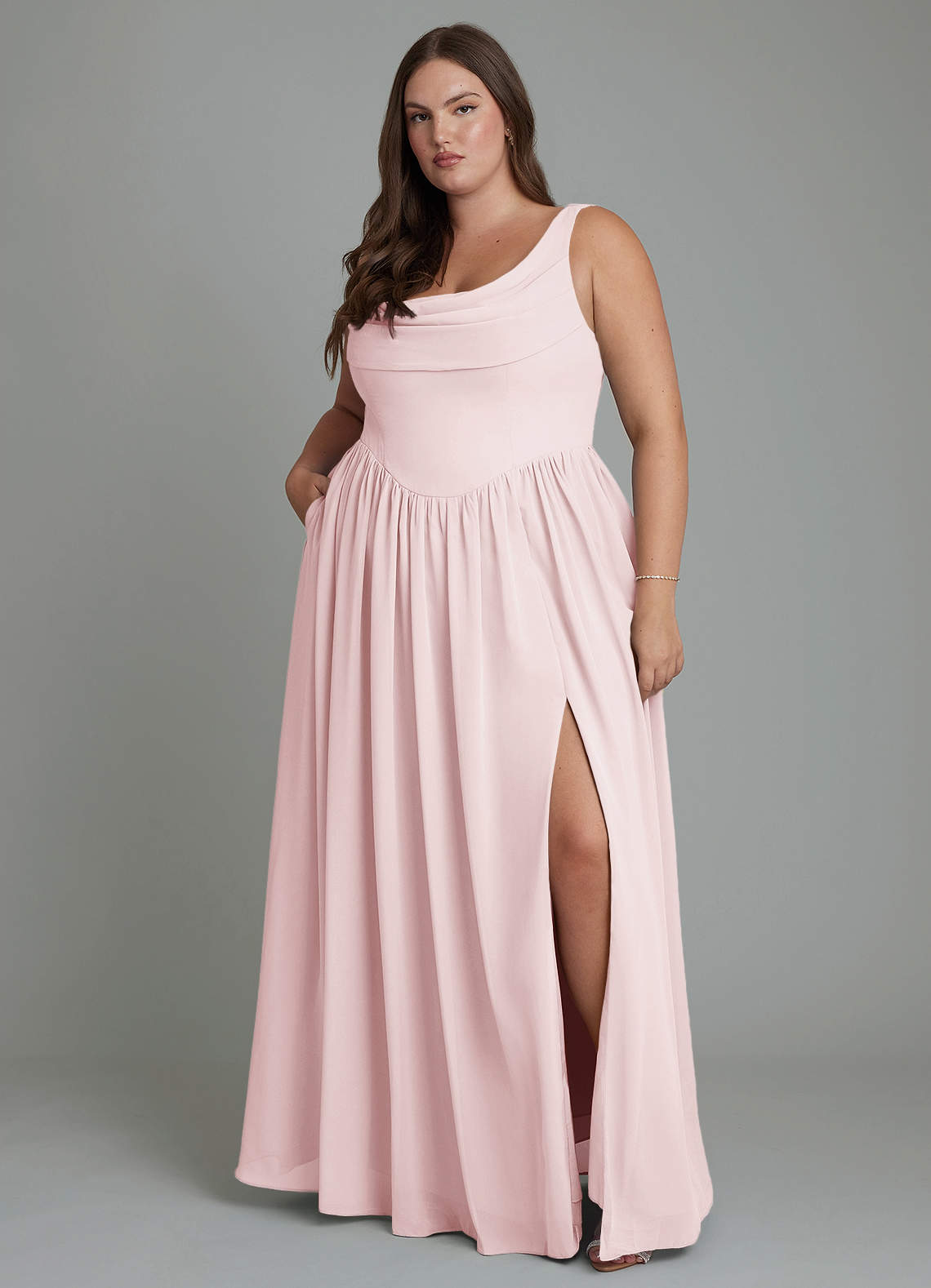 Azazie Novi Vestidos de damas de honor Vestido Rosa Rubor de Gasa de Línea A con Plisado image1