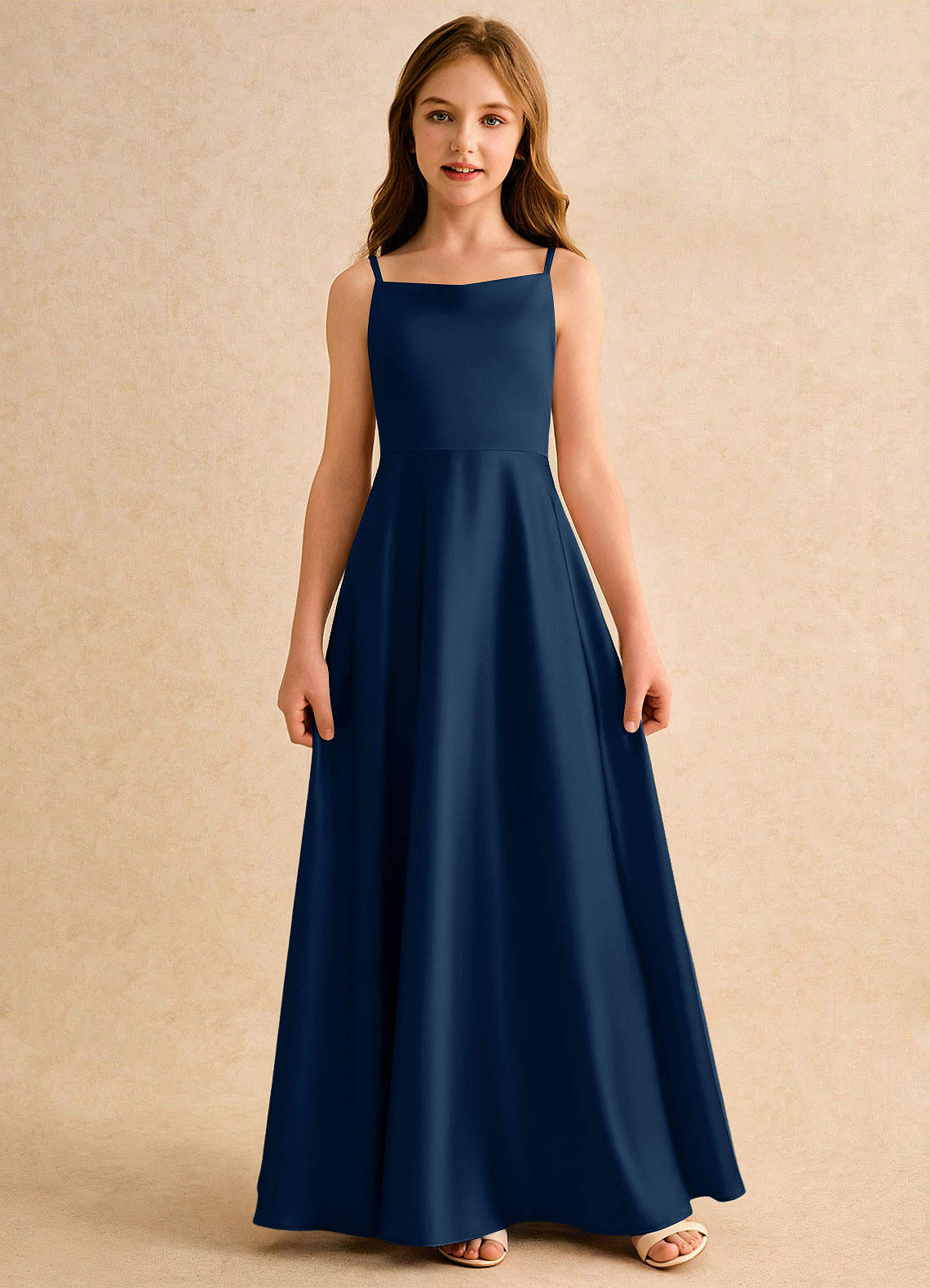 Azazie Joella Girls Formal Flower Girl Dresses Dark Navy A-Line Pleated Stretch Satin Dress image3