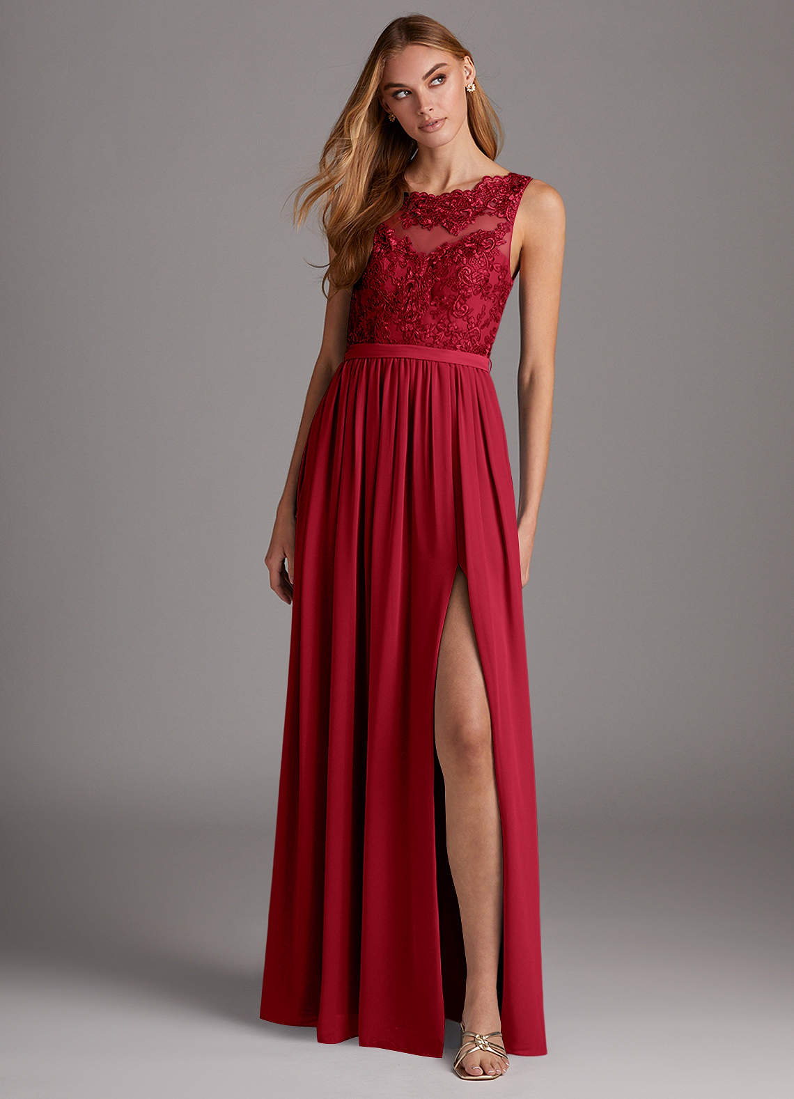 Azazie A-Line Scoop Neck Floor-Length Chiffon Bridesmaid Dresses - Scarlet