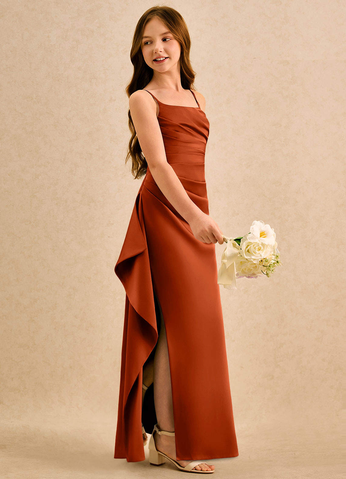 Azazie Cannoli Girls Formal Paprika A-Line Pleated Stretch Satin Dress |  Azazie