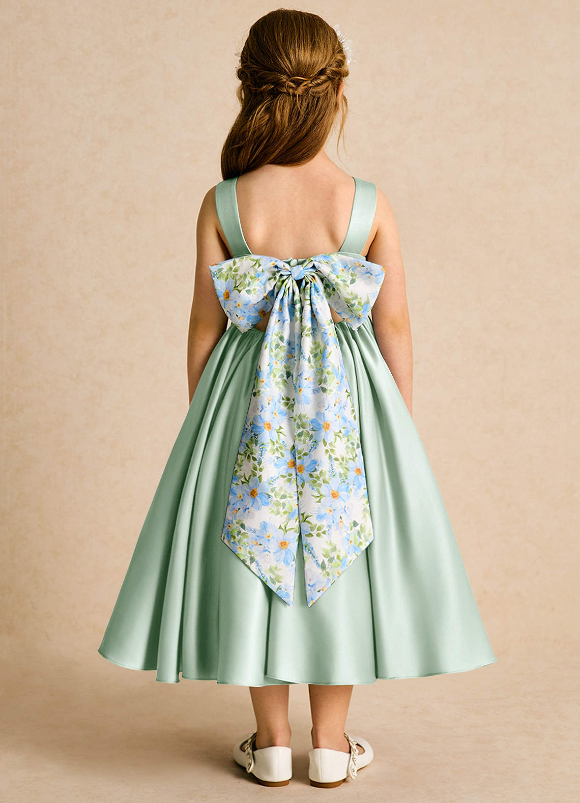 Azazie Doodlebug vestidos de niña de las flores Vestido de Agave de Satin Mate de Corte En A con Lazo image1