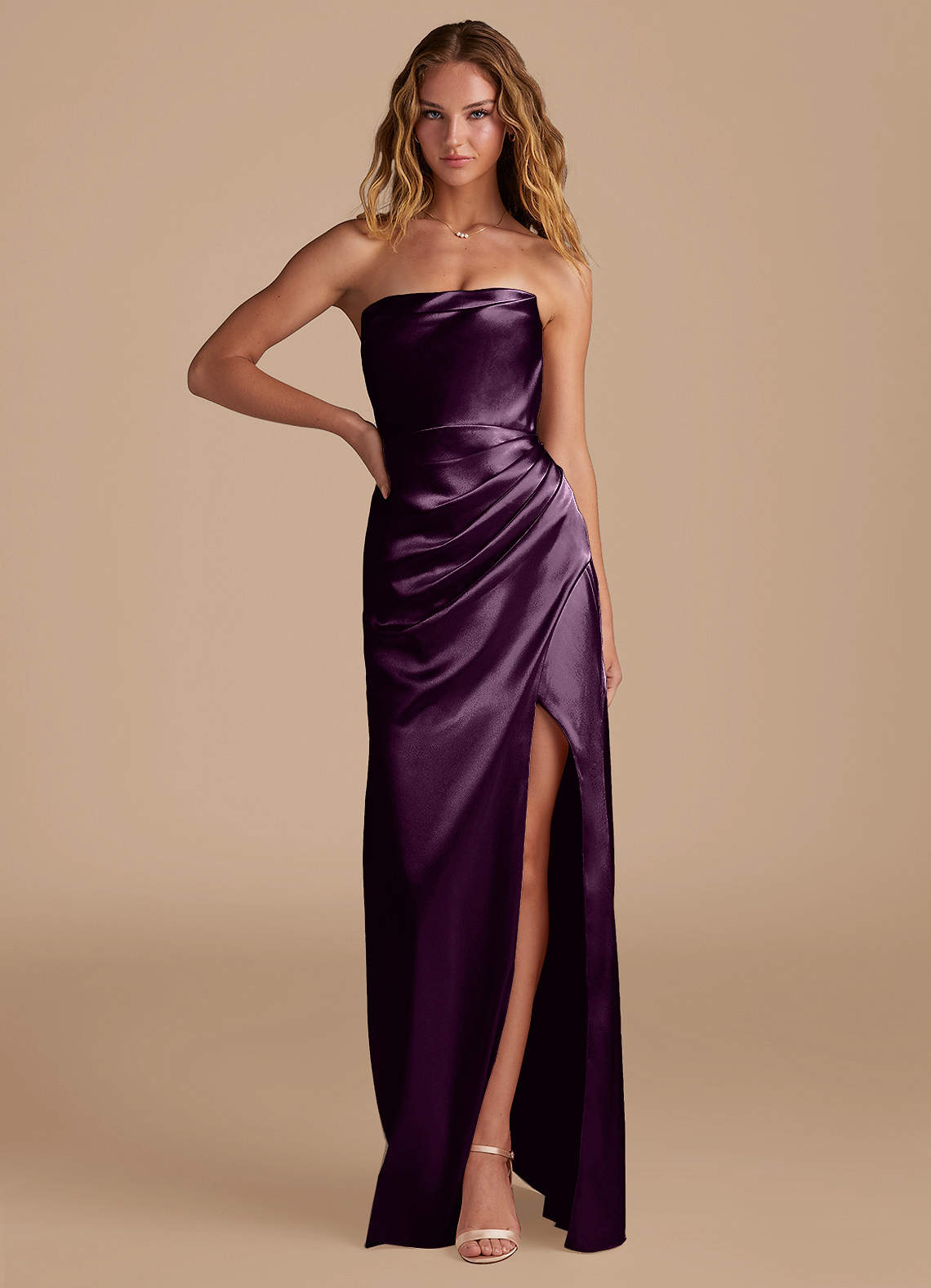 Azazie Leonis Bridesmaid Dresses Plum Mermaid Pleated Metallic Satin Convertible Dress image1