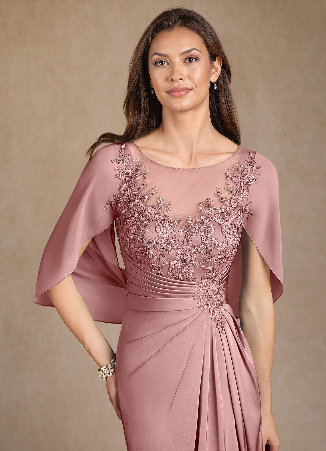 Azazie Hera Mother of the Bride Dresses Dusty Rose A-Line Lace Stretch Satin Dress image4