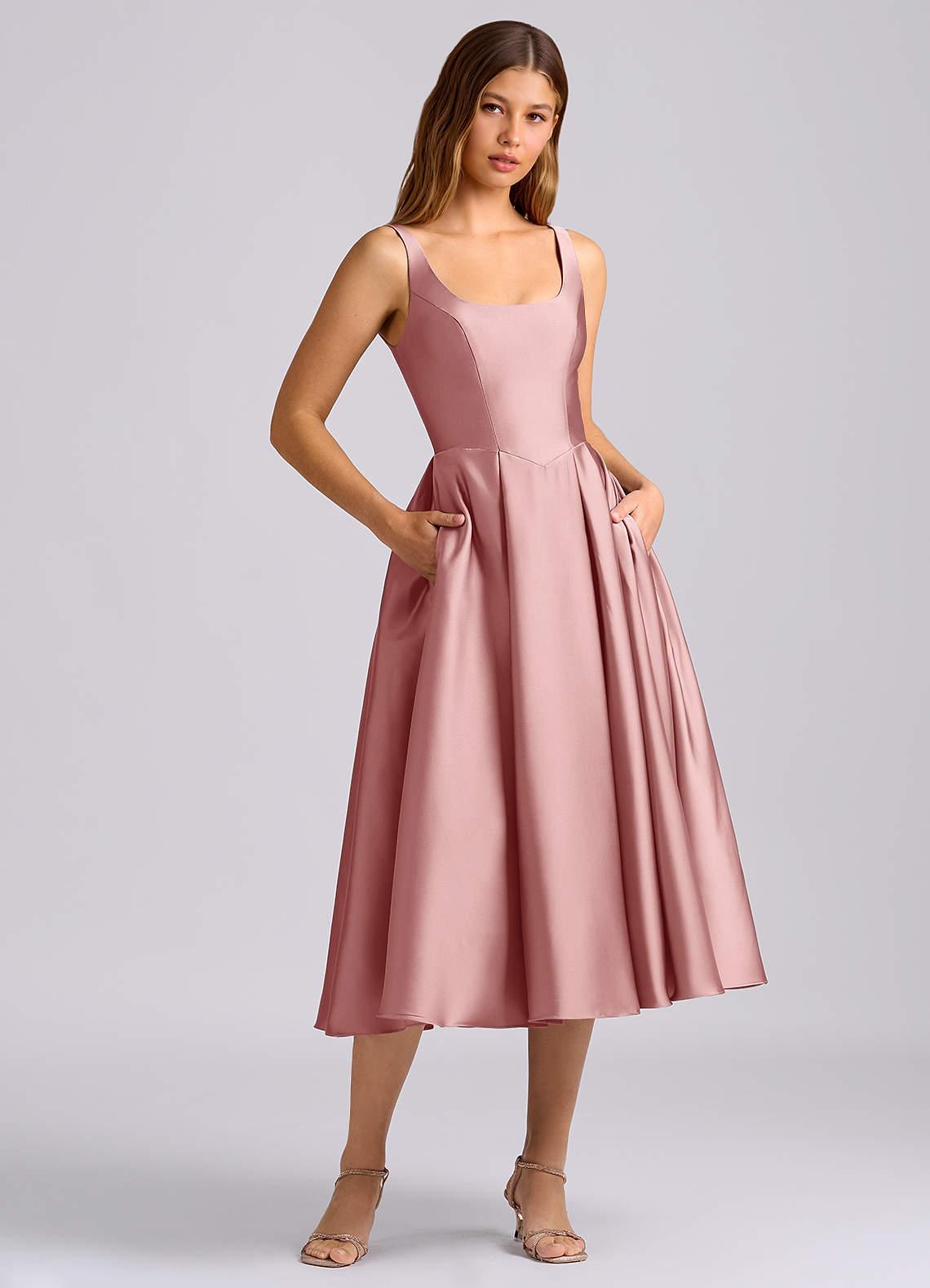 Azazie Amalie Vestidos de madrinha de casamento Vestido Rosa Empoeirada de Cetim elástico de Linha A com Plissado image2