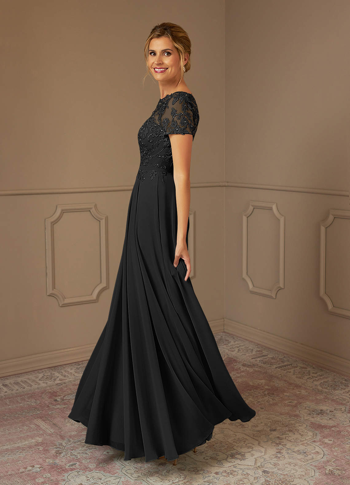 Azazie Adina Mother of the Bride Dresses Black A-Line Boatneck Sequins Chiffon Dress image2