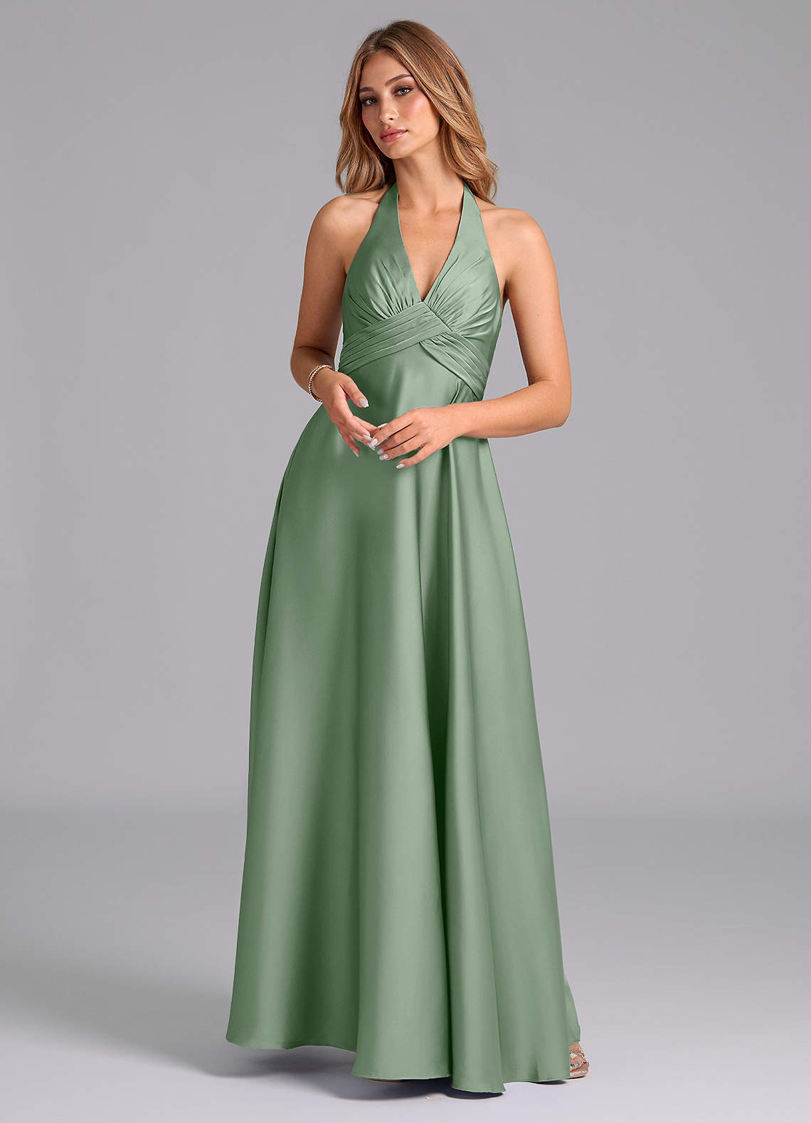 Azazie Tessie Bridesmaid Dresses Matcha A-Line Pleated Stretch Satin Dress image1