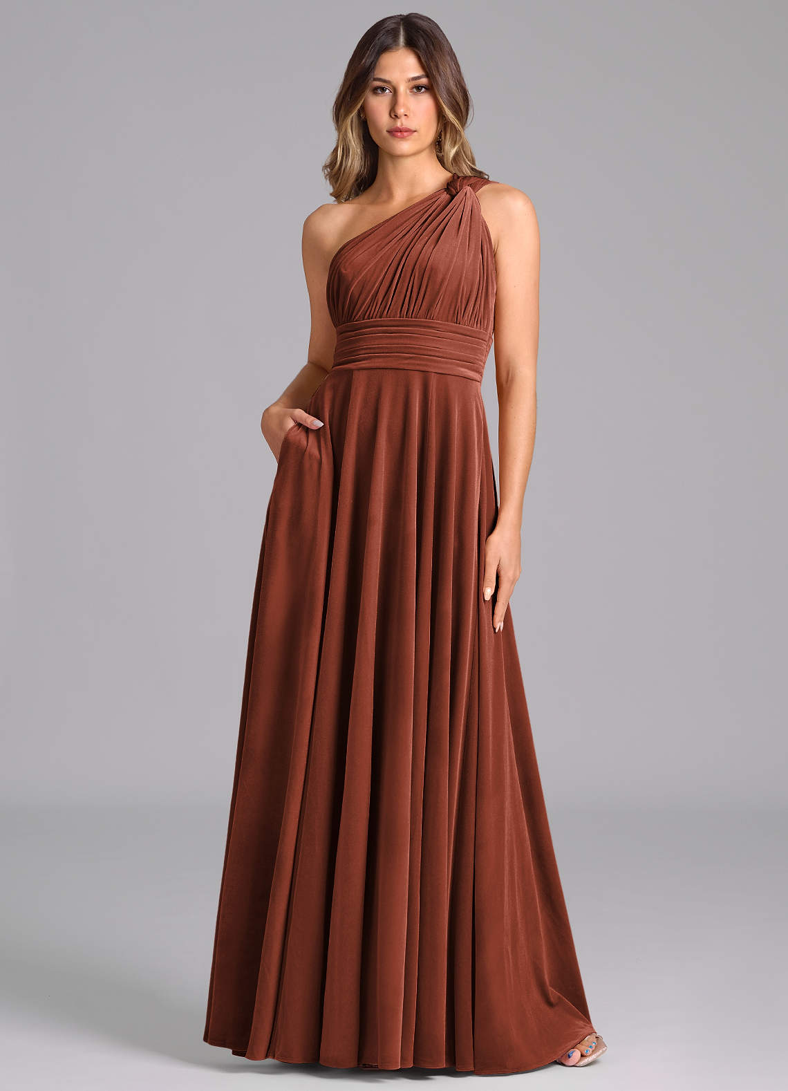 Azazie Charlize Bridesmaid Dresses Terracotta A-Line One Shoulder Velvet Dress image1