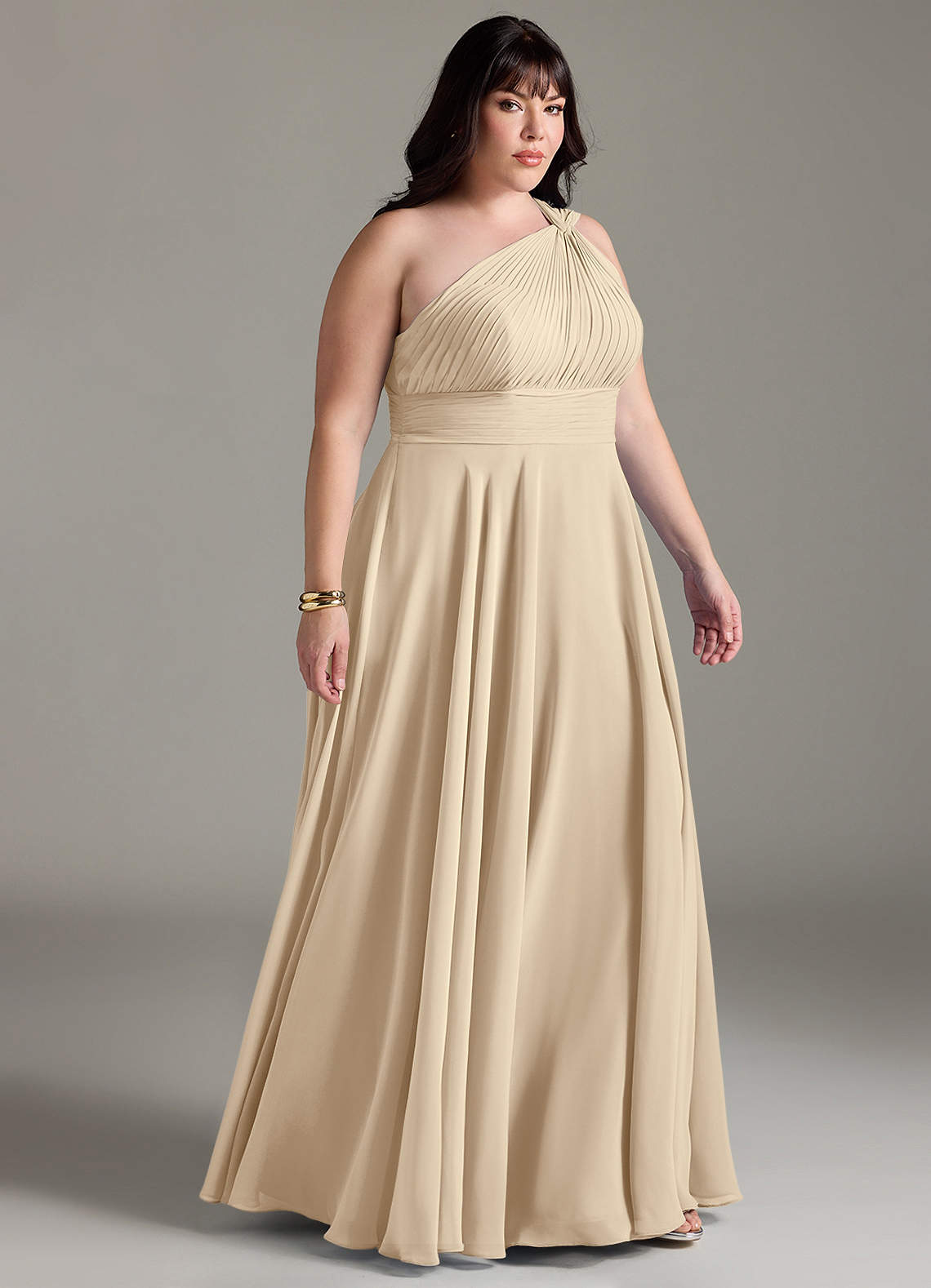 Azazie Charlize Bridesmaid Dresses Champagne A-Line One Shoulder Chiffon Dress image9