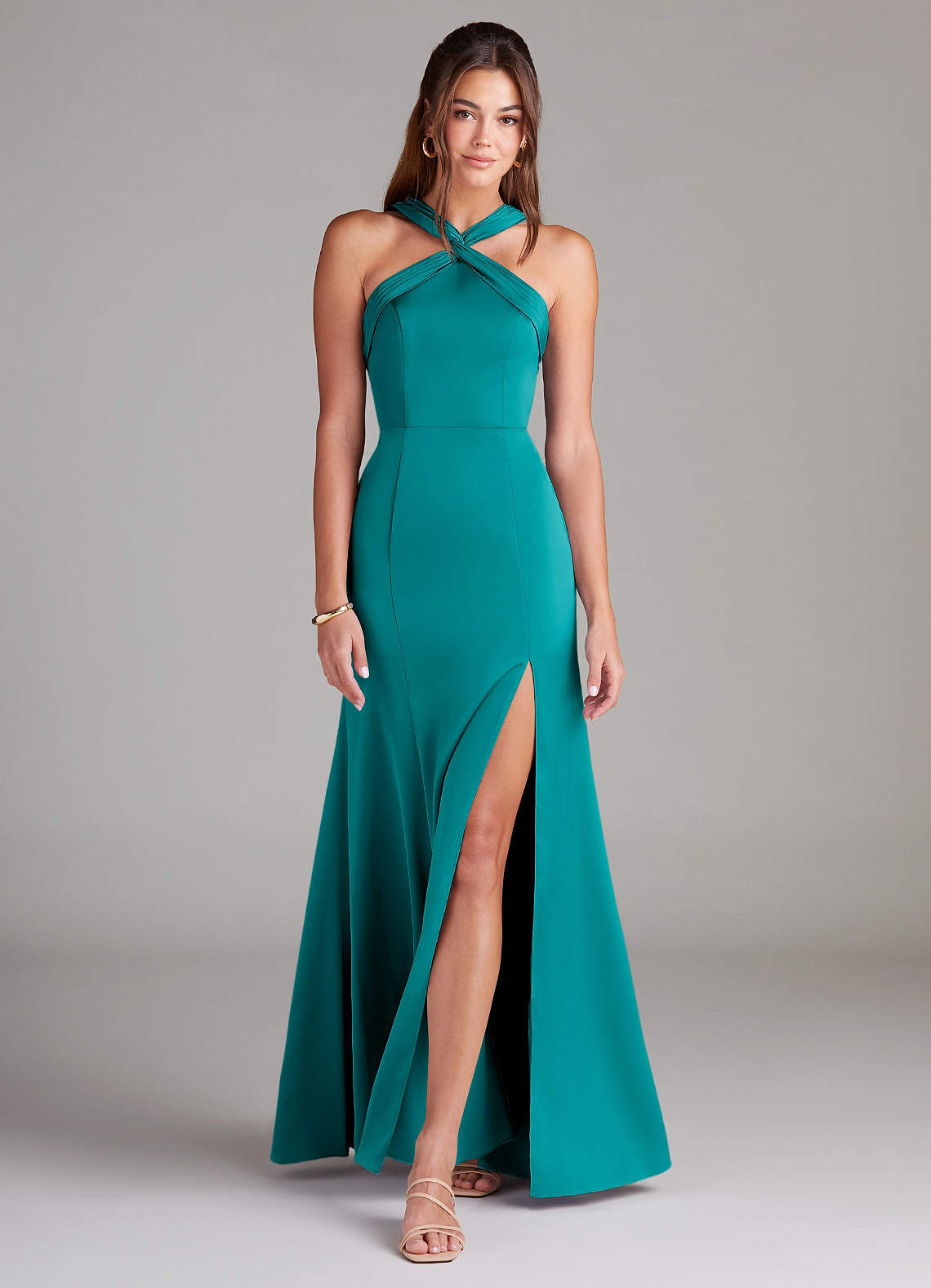 Azazie Rue Bridesmaid Dresses Teal A-Line Pleated Stretch Satin Dress image2