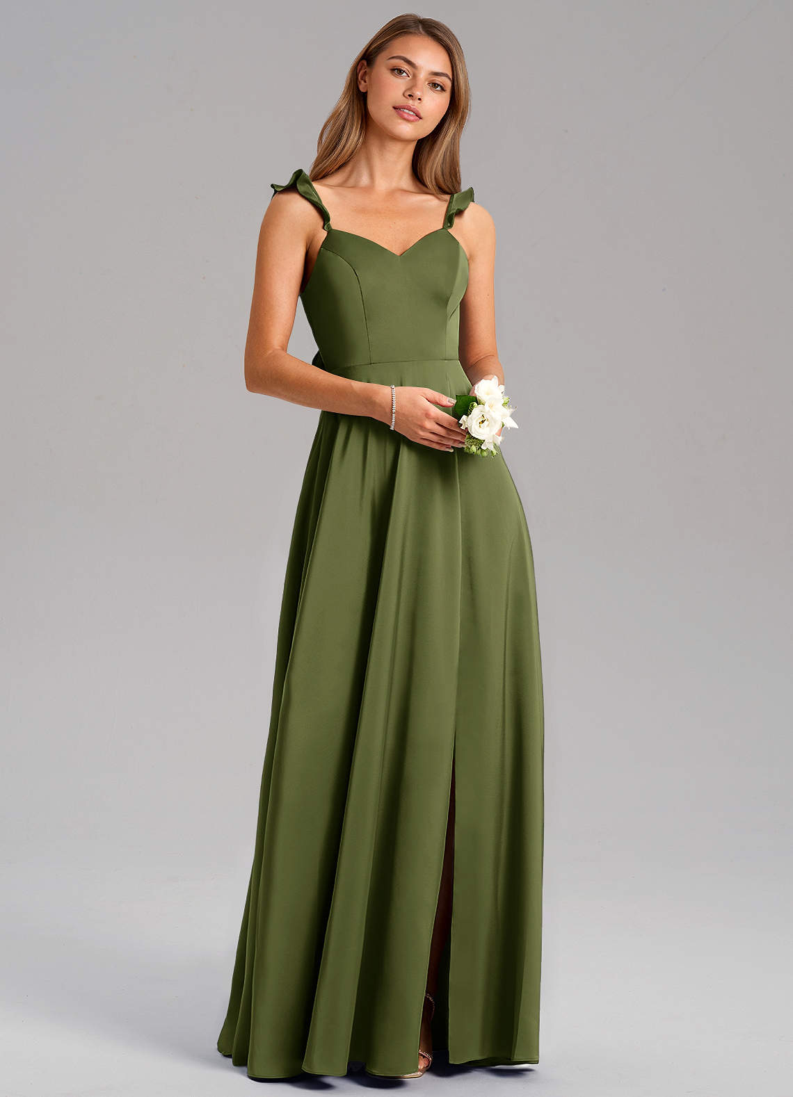 Azazie Everett Bridesmaid Dresses Olive A-Line Stretch Satin Dress image1
