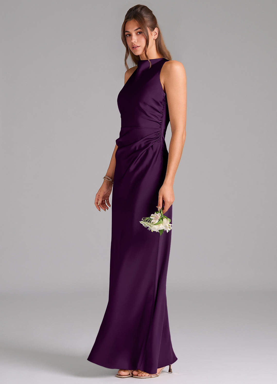 Azazie Evadne Bridesmaid Dresses Grape A-Line Pleated Stretch Satin Dress image1