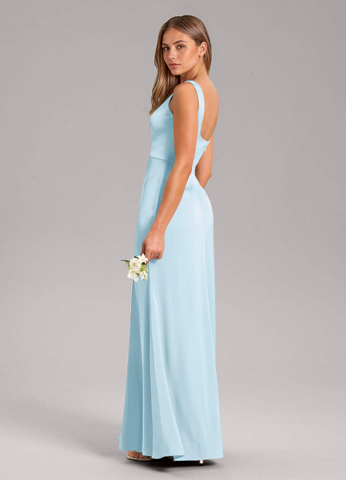 Azazie Frostine Bridesmaid Dresses Sky Blue A-Line Bow Stretch Satin Dress image6