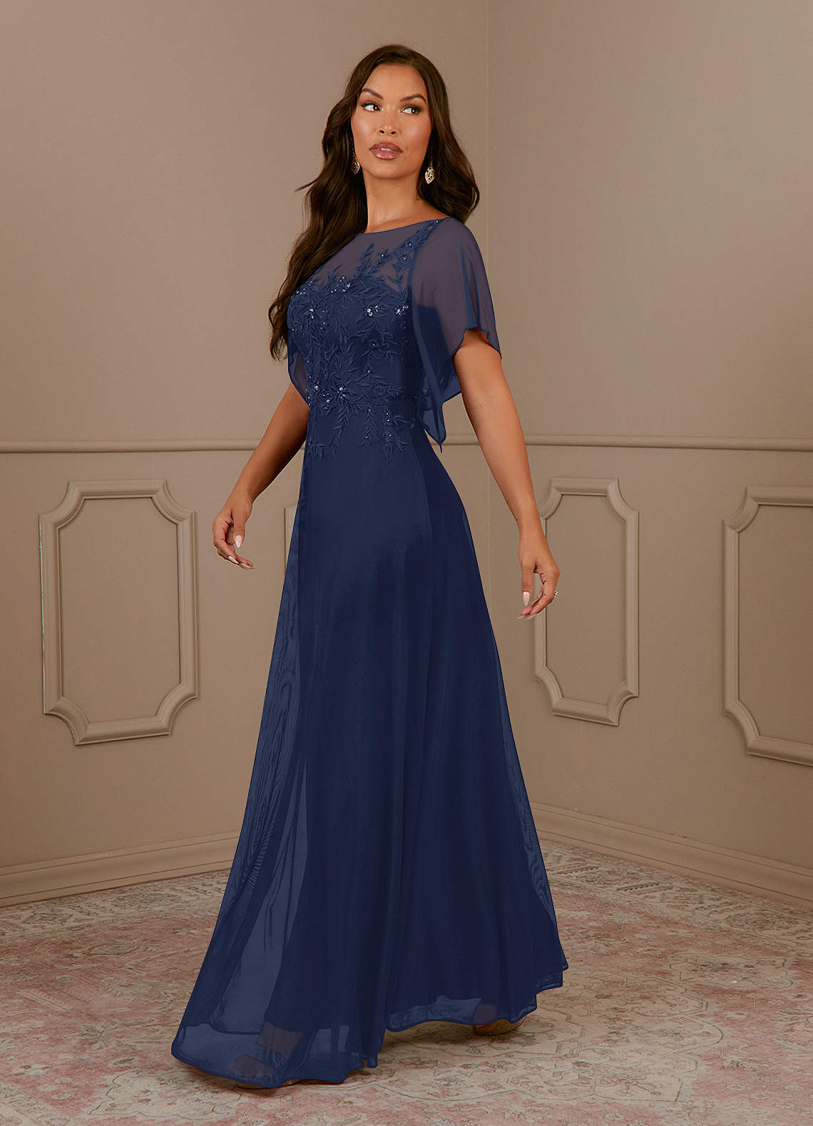 Azazie Cavell Dark Navy A-Line Sequins Mesh Dress Ready to Ship