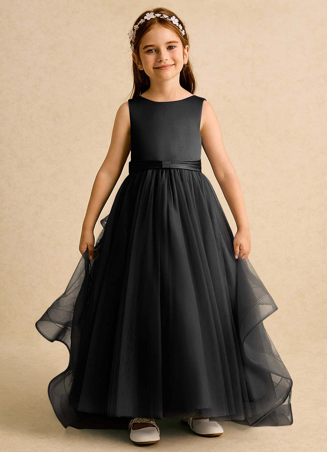 Azazie Lior Robe Demoiselle D'honneur Fillette Robe Princesse en Tulle Plissée Noir image1