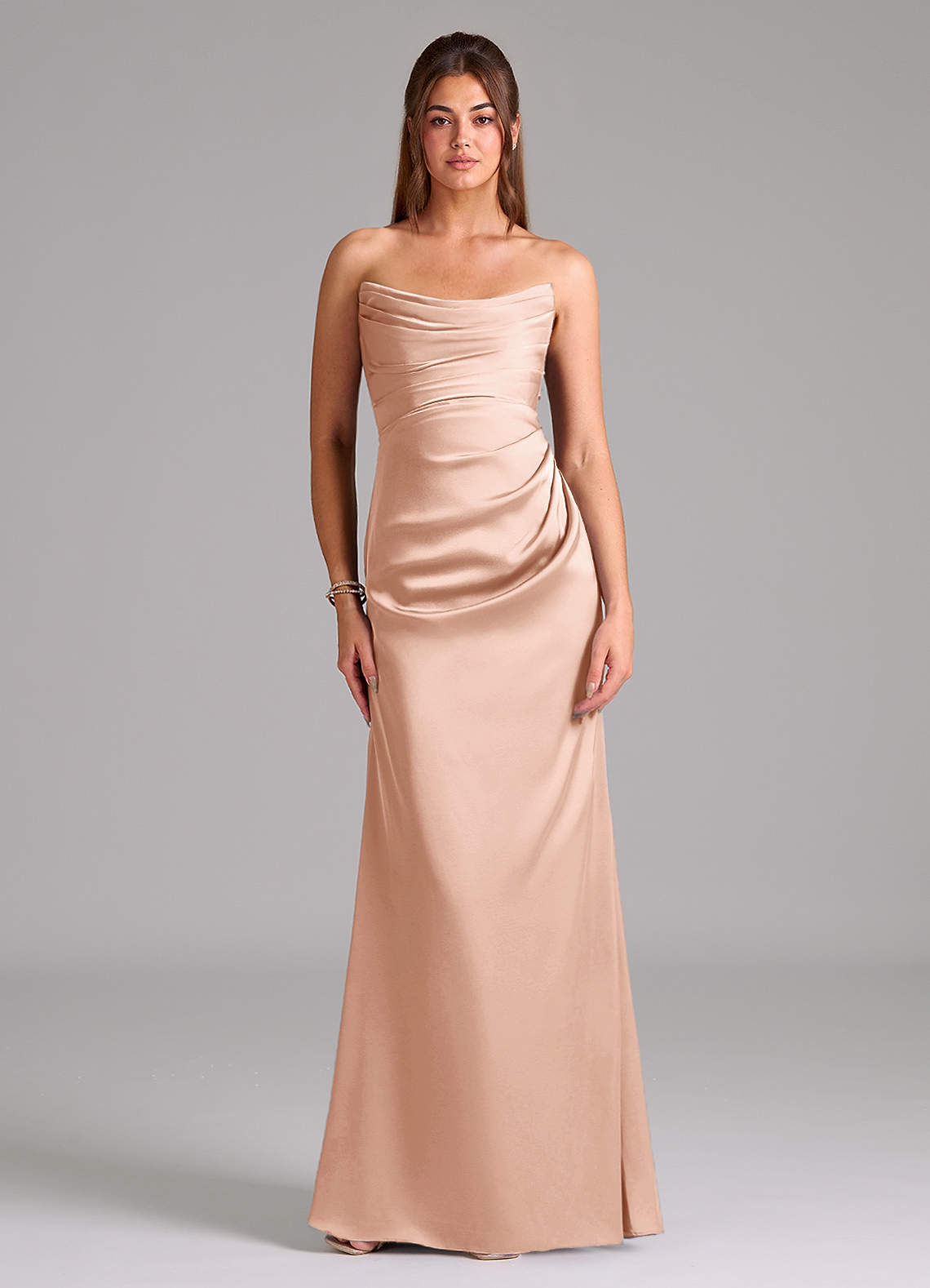 Azazie Lucille Vestidos de damas de honor Vestido de Oro Rosa de Satén Elástico de Corte Sirena Convertible con Sin tirantes image1