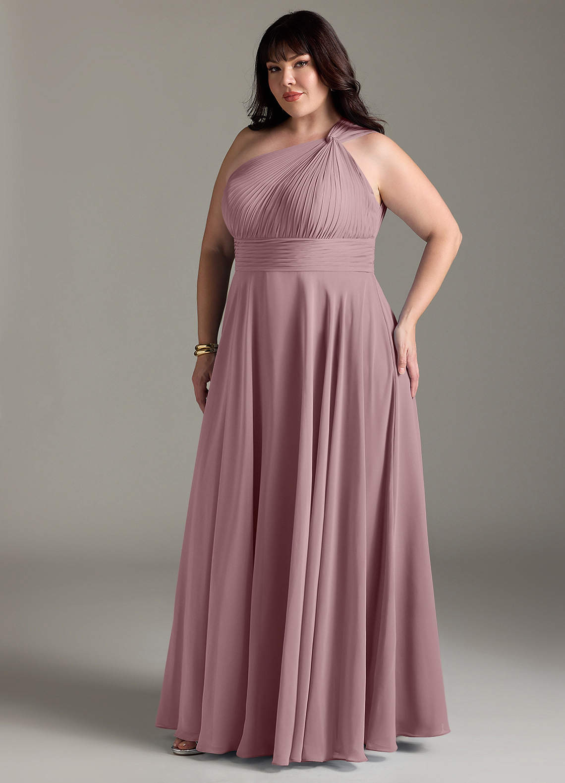 Azazie Charlize Bridesmaid Dresses Dusty Rose A-Line One Shoulder Chiffon Dress image10