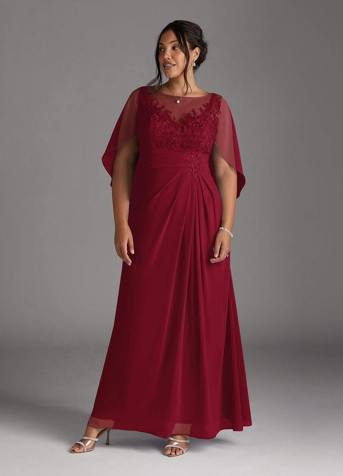 Azazie Hera Mother of the Bride Dresses Burgundy A-Line Lace Capelet Chiffon Dress image7