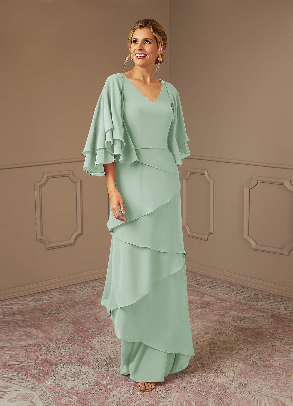 Azazie OHara Mère de la mariée Robes Robe Trapèze en Mousseline de soie Col V Agave image1