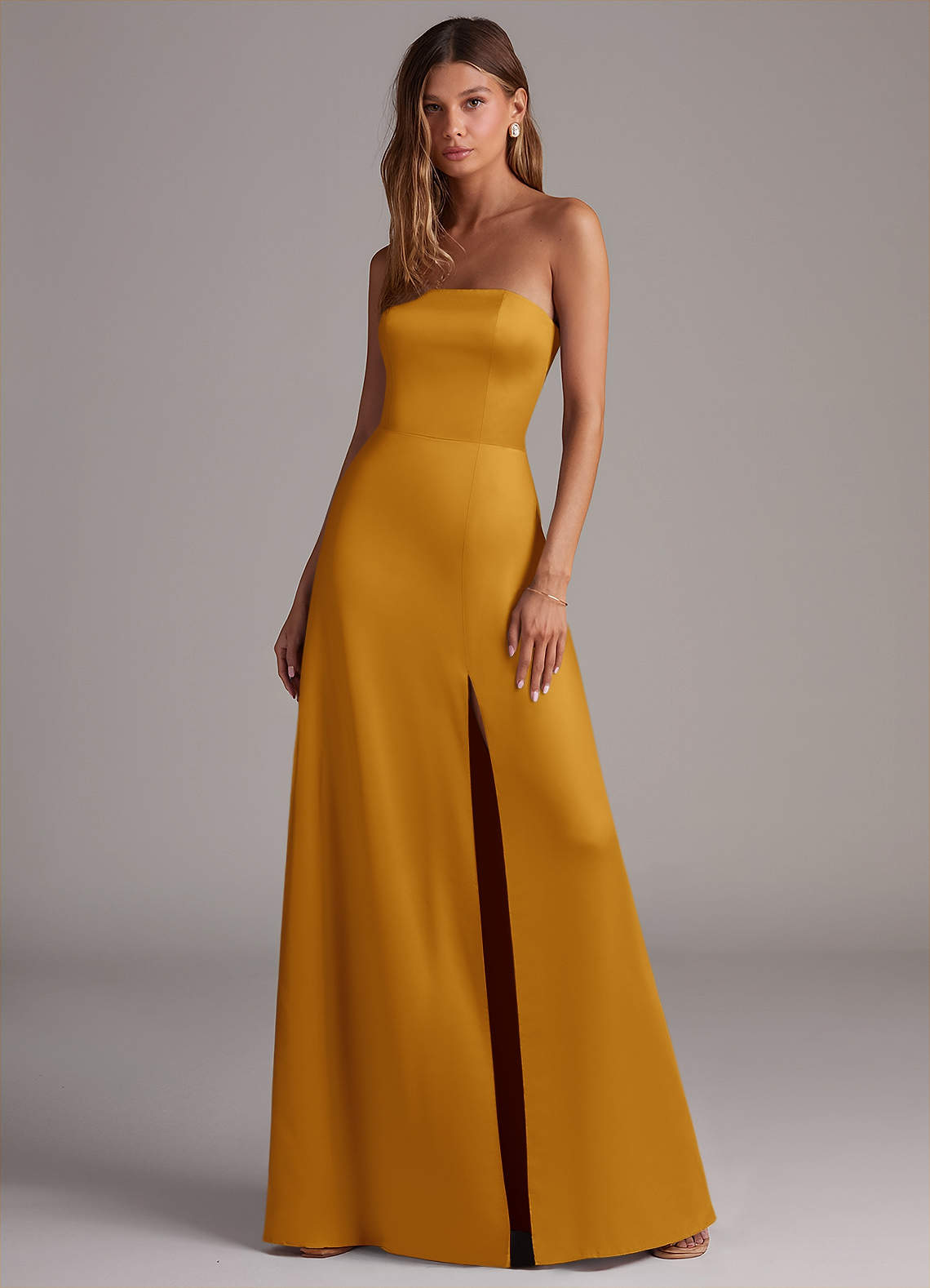 Azazie Wren Bridesmaid Dresses Butterscotch A-Line Strapless Stretch Satin Convertible Dress image1
