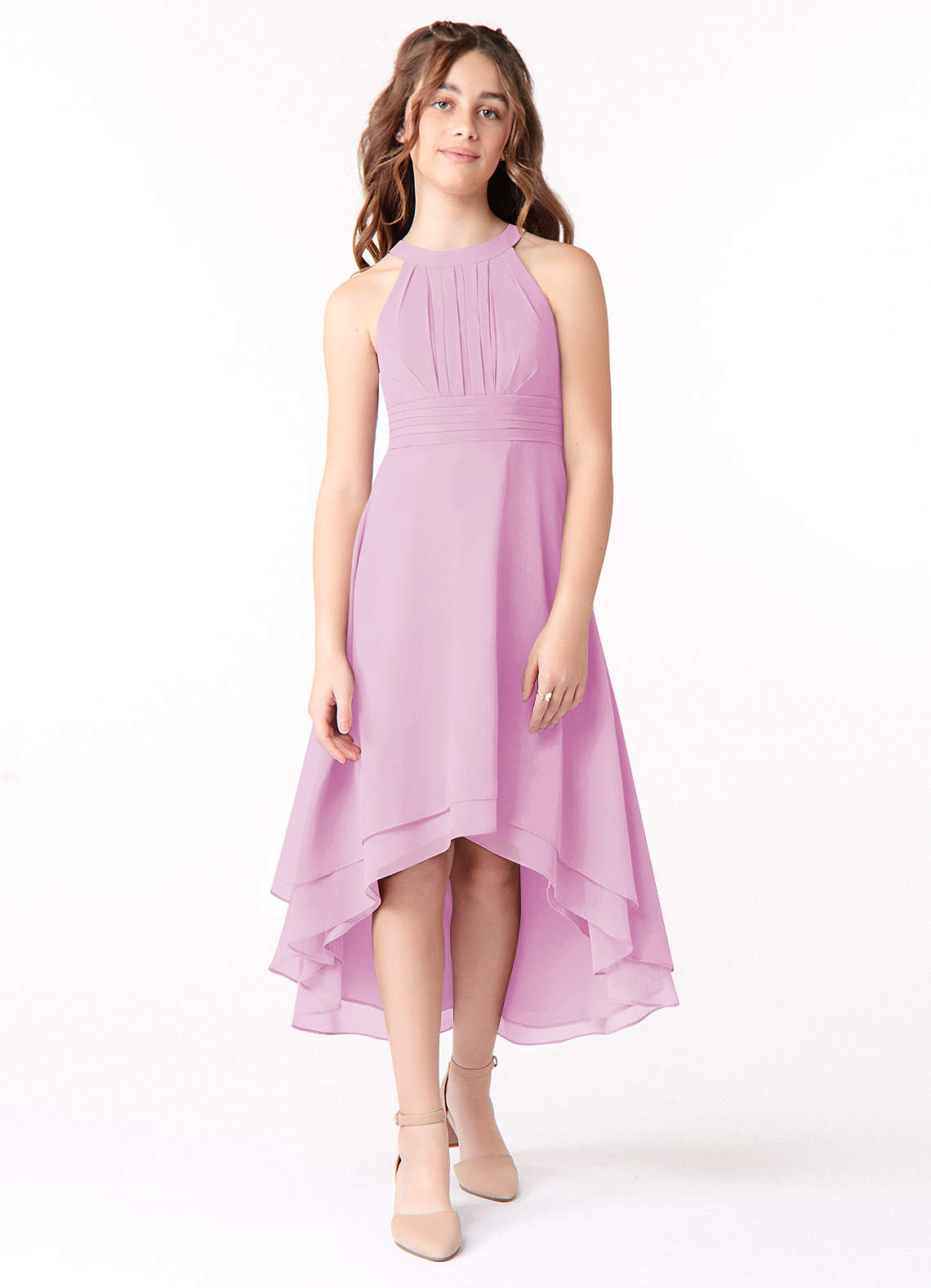 Azazie Linna Junior A라인 쉬폰 비대칭 주니어 신부 들러리 드레스 드레스 image1