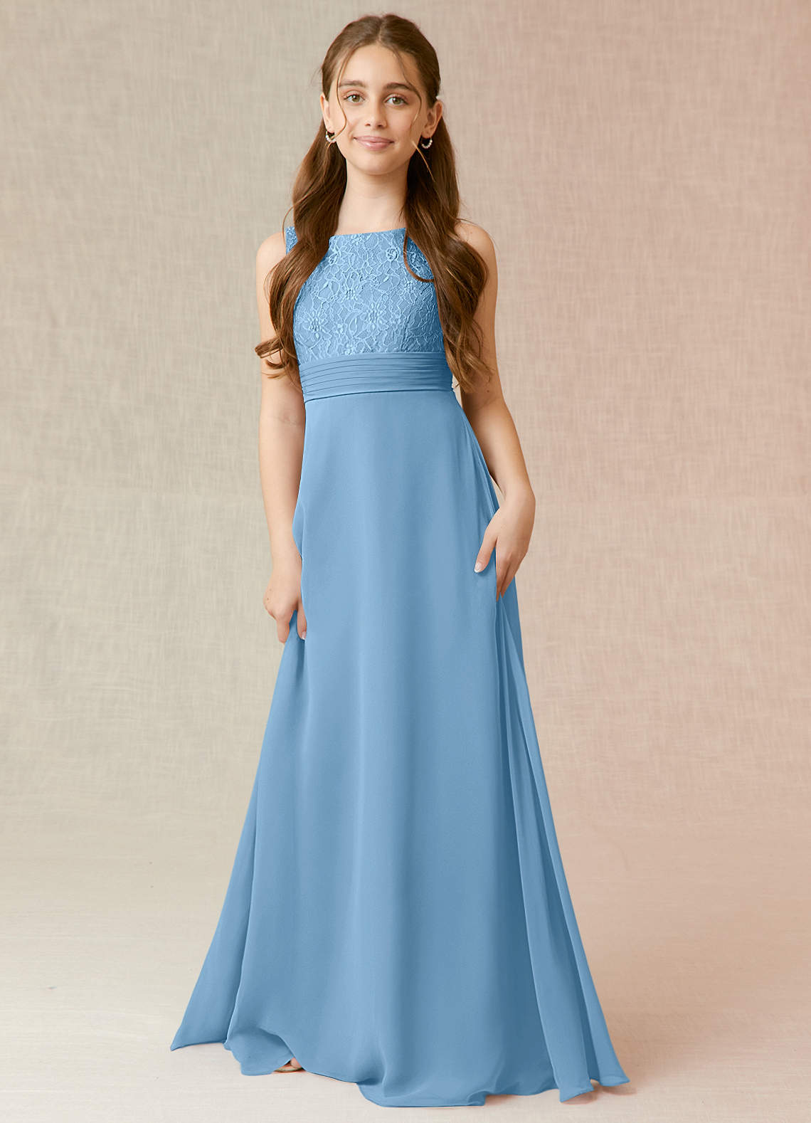 Azazie Snow Junior Abito A-Line in Chiffon Pizzo Blu Acciaio image1