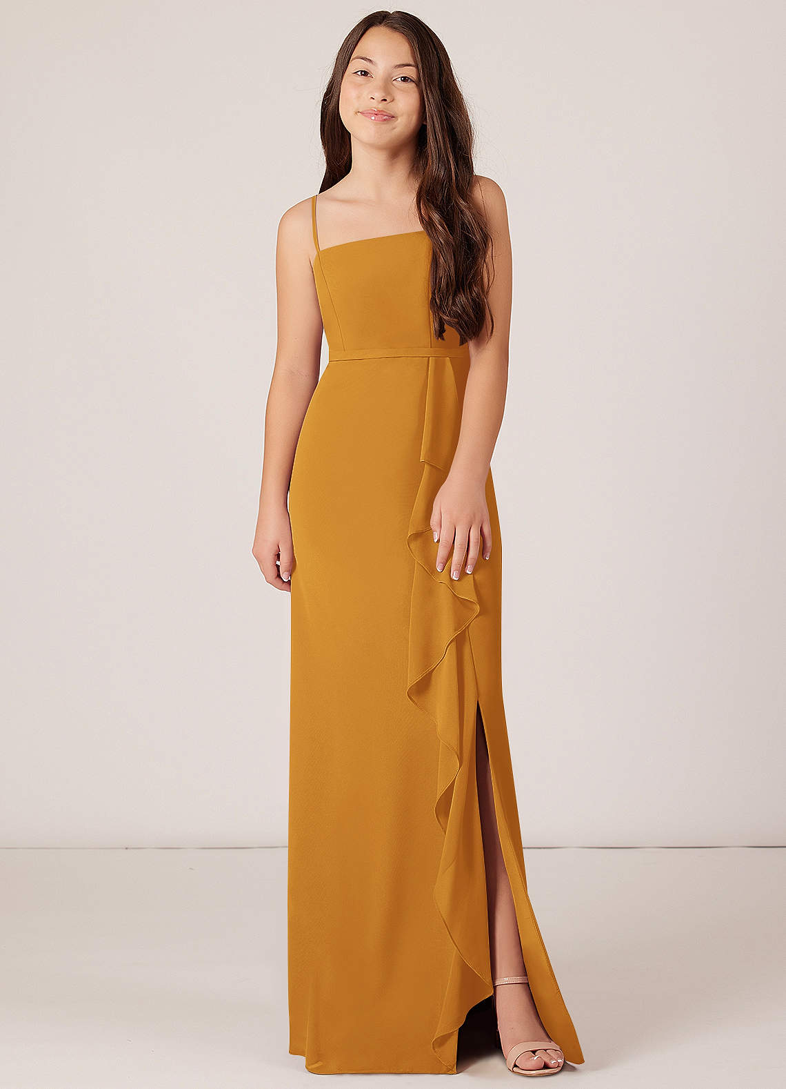 Azazie Kaylee Junior Butterscotch A-Line with Belt Chiffon Dress image1
