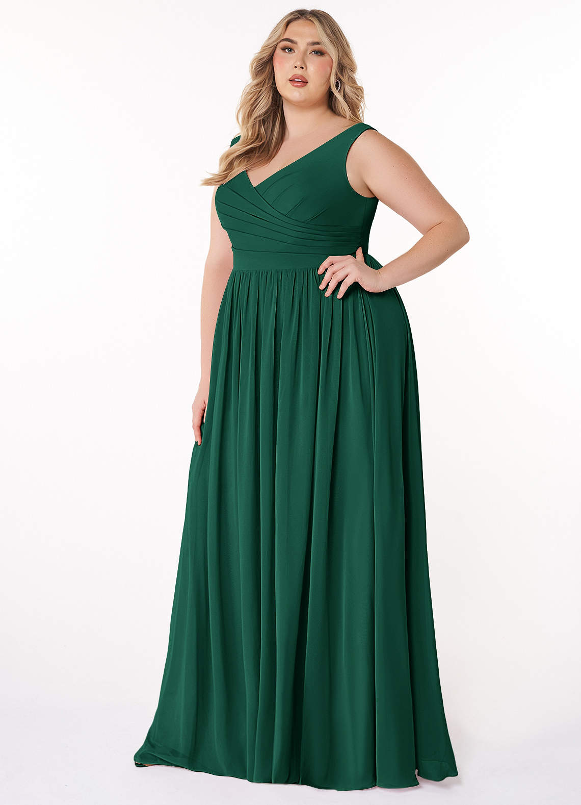 Azazie Keyla Bridesmaid Dresses Emerald A-Line V-Neck Pleated Chiffon Dress image1