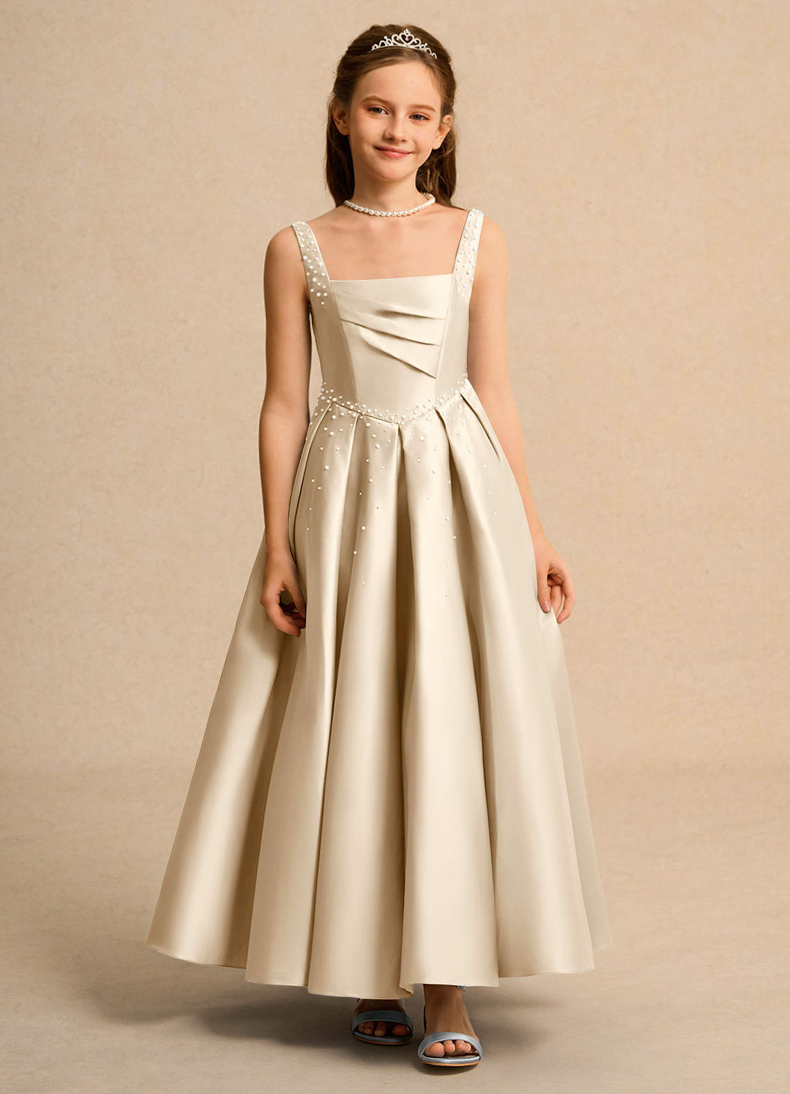 Azazie Mochi Girl Abiti da Ragazza di Fiori Abito Principessa in Raso Opaco Plissettato Champagne image1