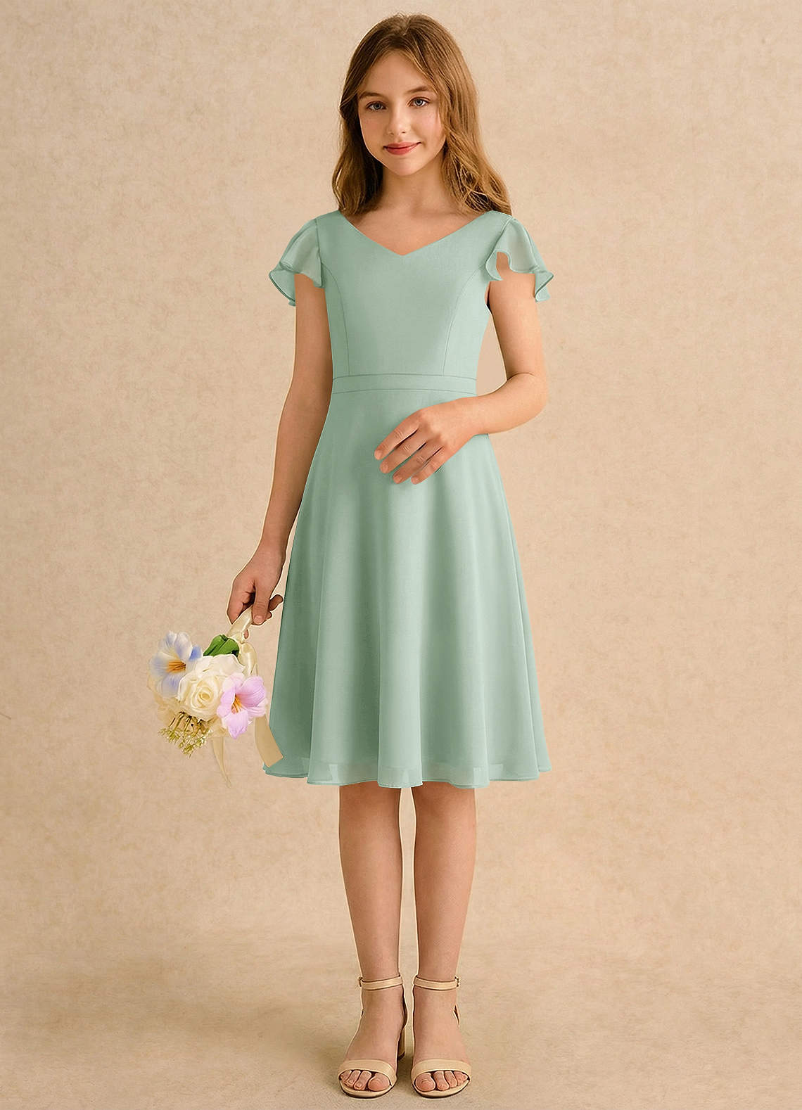 Azazie Narin Girls Formal Flower Girl Klänningar Klä A-Line i Chiffong med ärmar image2
