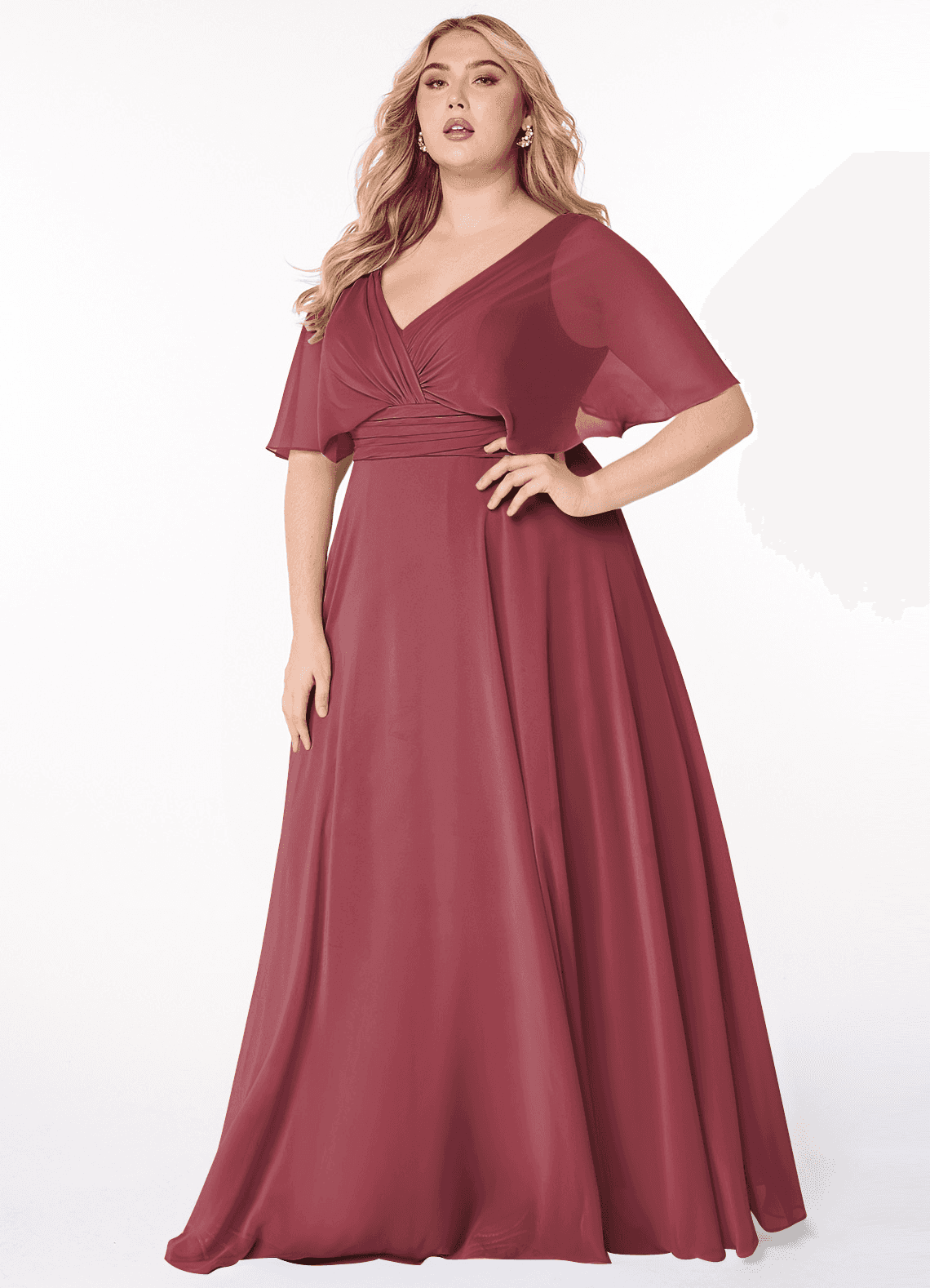Azazie Pamela Brautjungfernkleider A-Linie V-Hals Gefaltet Chiffon Kleid Merlot image1