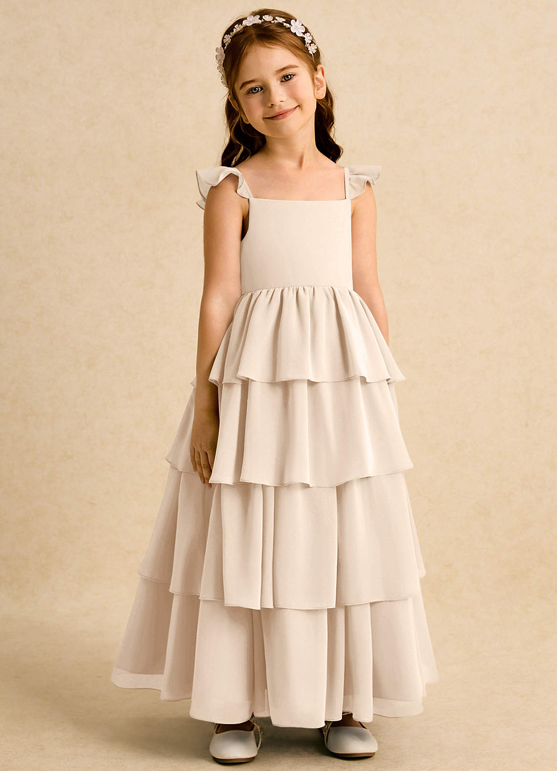 Azazie Boba vestidos de niña de las flores Vestido de Alabastro Blanco de Gasa de Corte En A con Escote Cuadrado image1